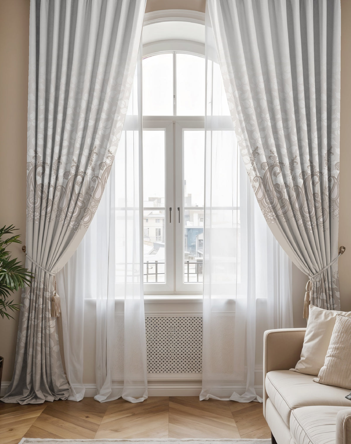 NAZAAKAT TAUPE PRINTED ROOM DARKENING CURTAIN