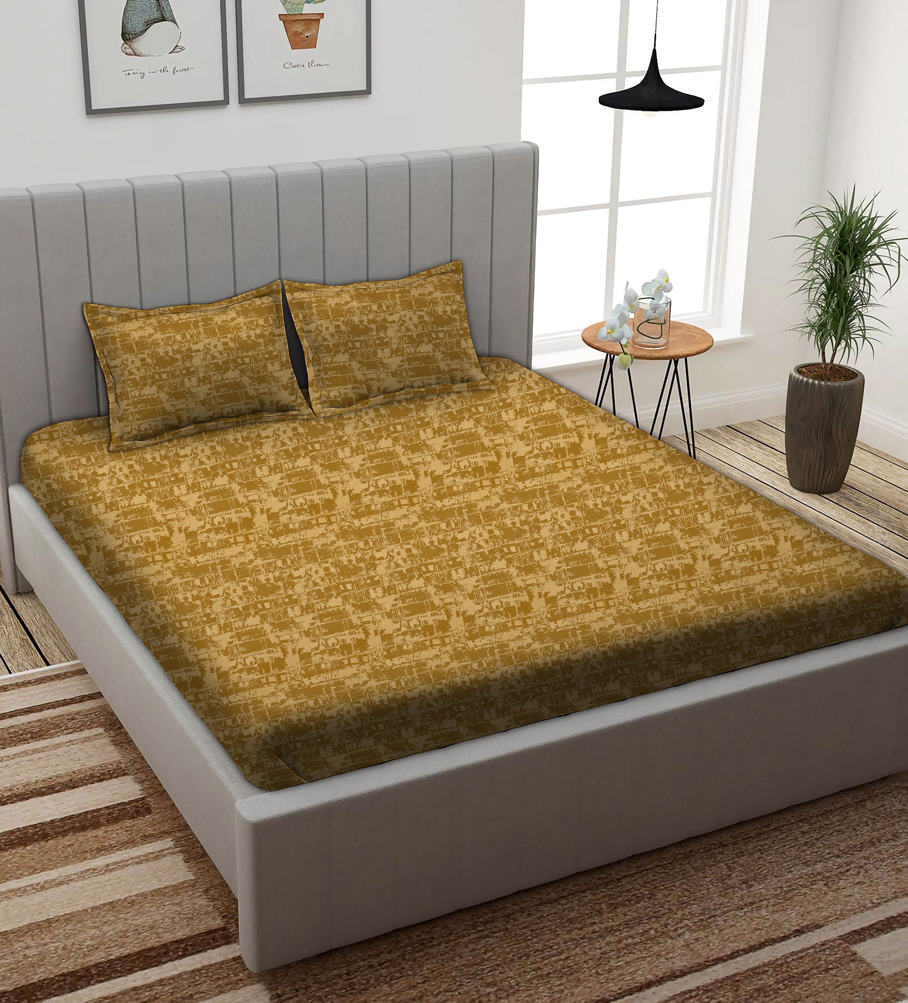 Leo  Mustard Bedcover for Double Bed with 2 PillowCovers King Size (104" X 90")