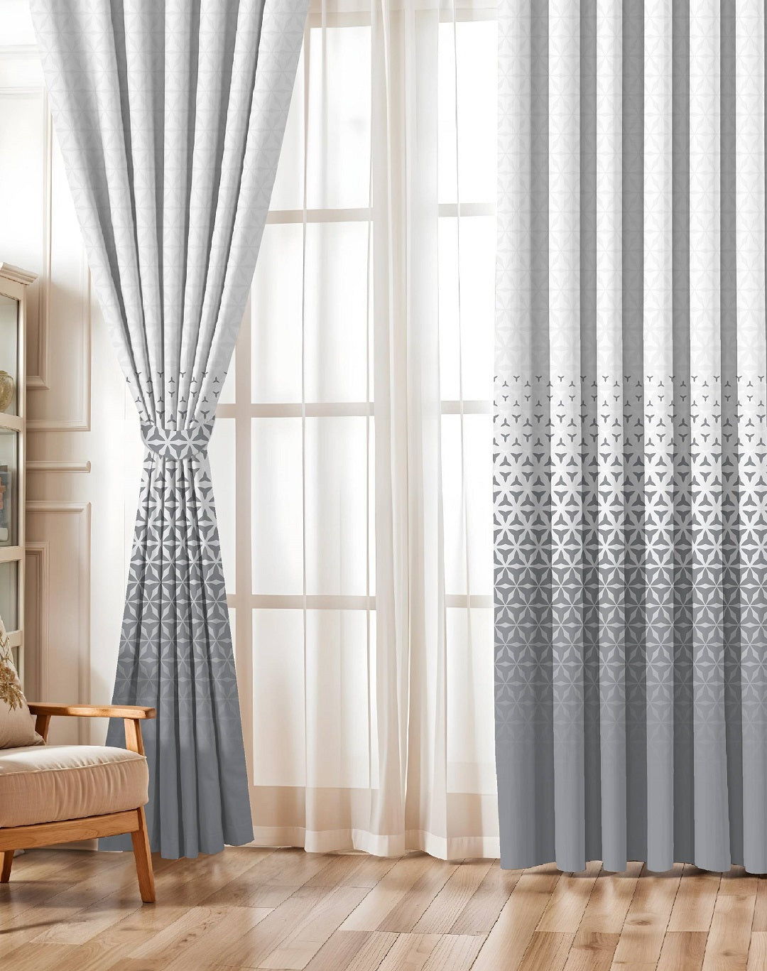AURA GREY PRINTED ROOM DARKENING CURTAIN