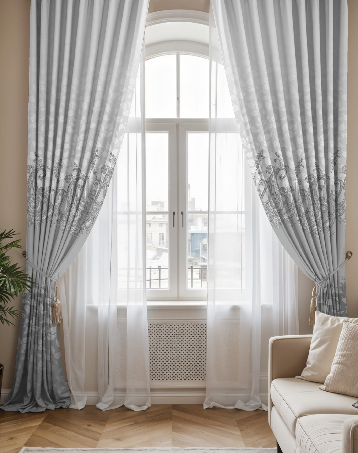 NAZAAKAT PEWTER GREY PRINTED ROOM DARKENING CURTAIN