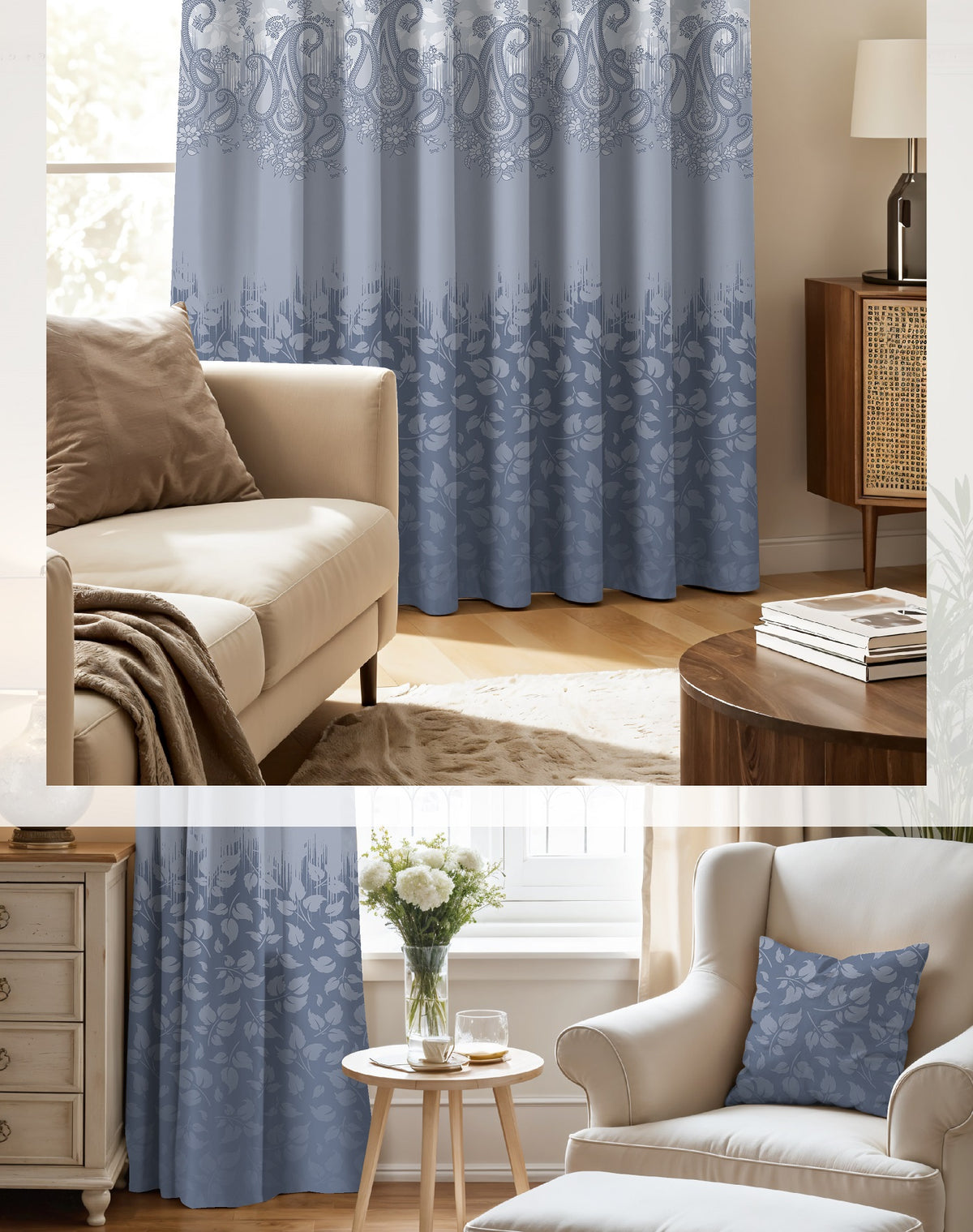 NAZAAKAT STEEL BLUE PRINTED ROOM DARKENING CURTAIN