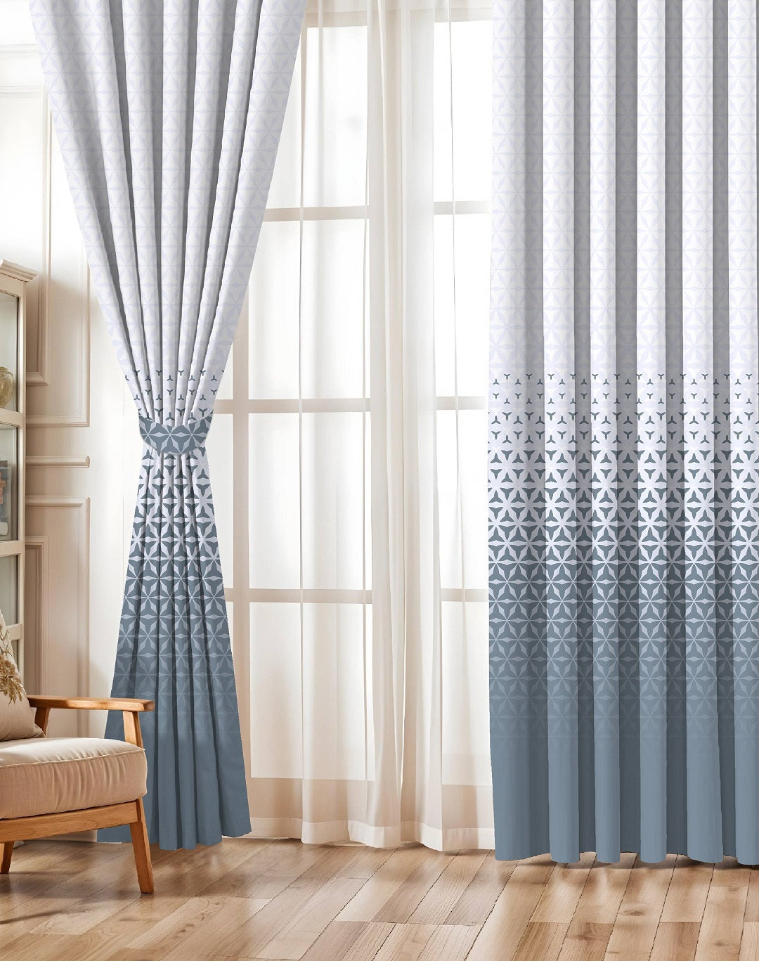 AURA BLUE PRINTED ROOM DARKENING CURTAIN