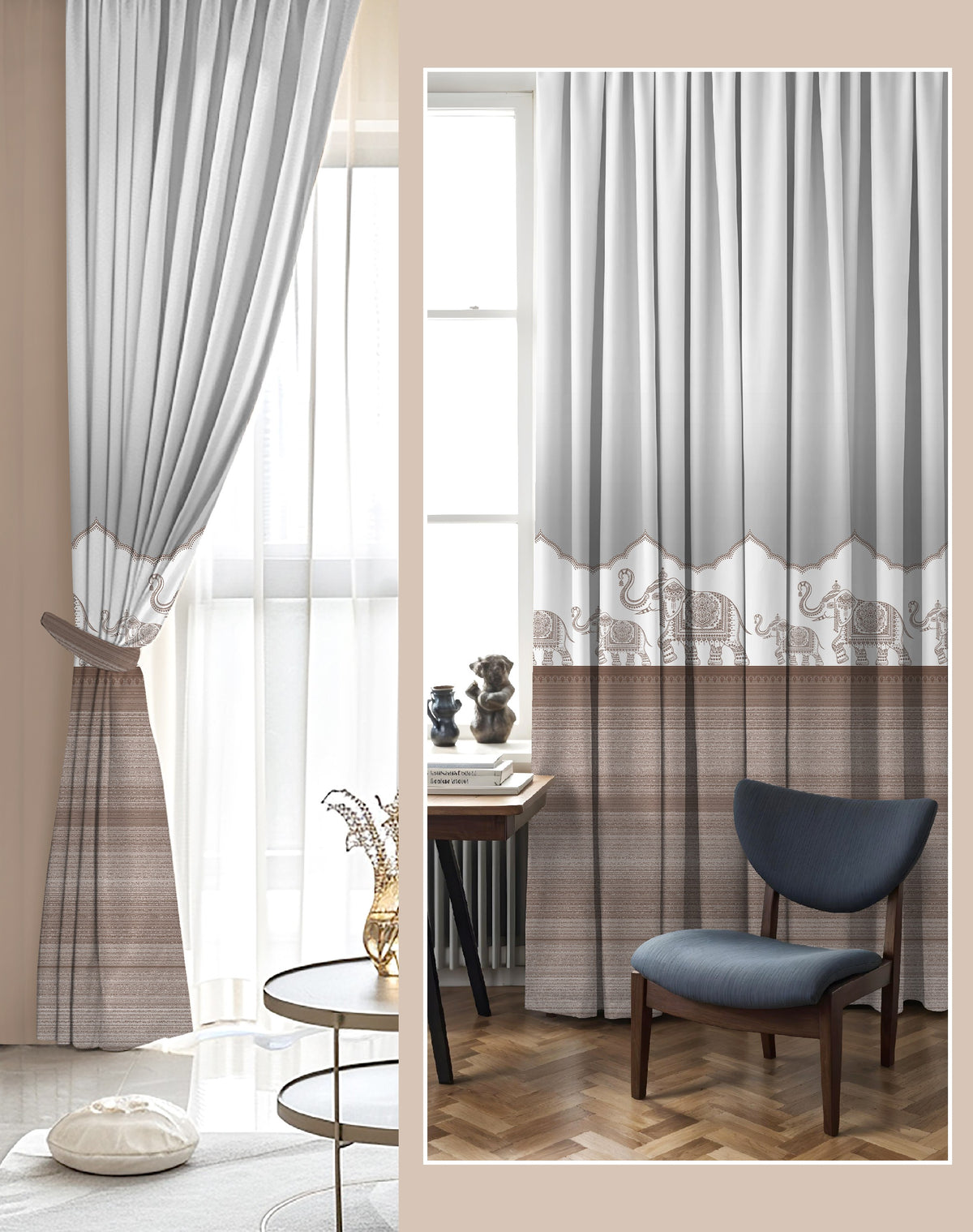HERITAGE SOFT BROWN PRINTED ROOM DARKENING CURTAIN