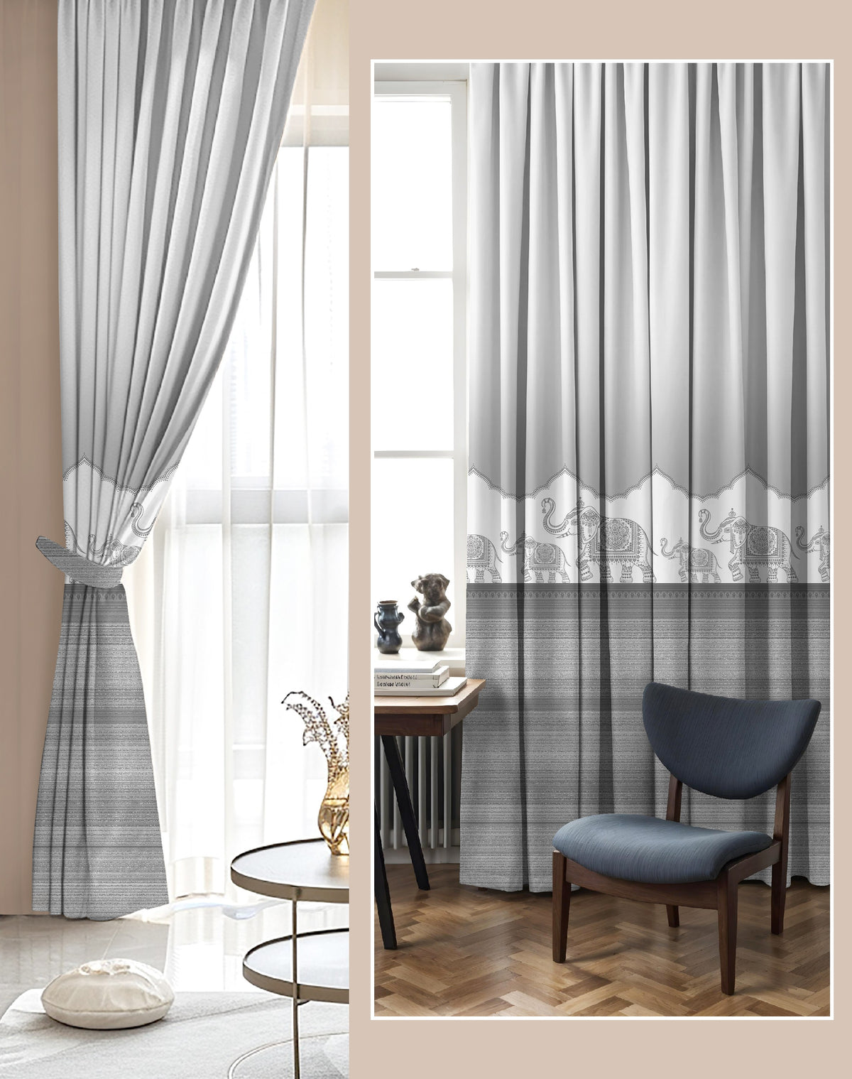 HERITAGE LIGHT GREY PRINTED ROOM DARKENING CURTAIN