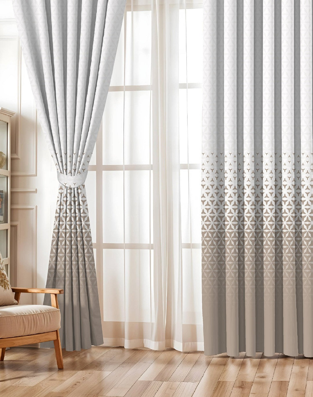 AURA BEIGE PRINTED ROOM DARKENING CURTAIN