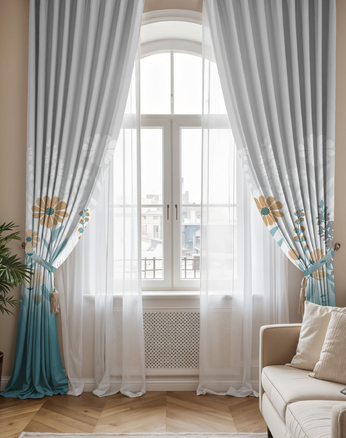 FLORA CADET BLUE PRINTED ROOM DARKENING CURTAIN