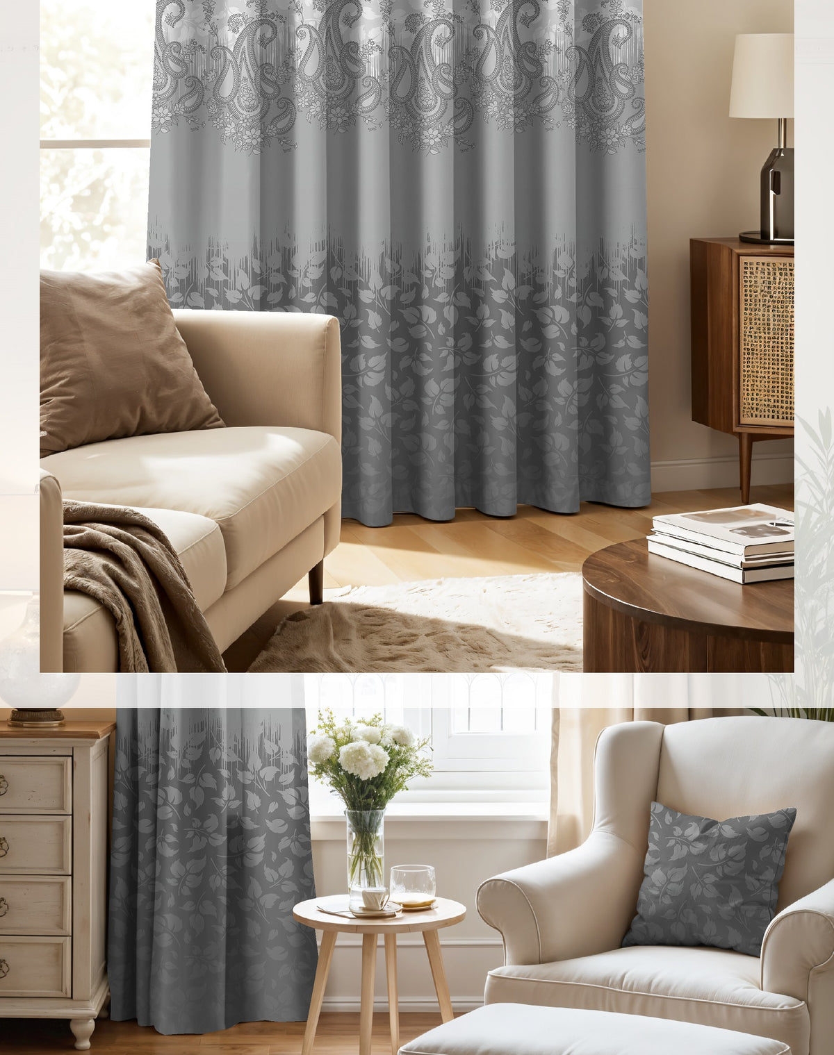 NAZAAKAT PEWTER GREY PRINTED ROOM DARKENING CURTAIN