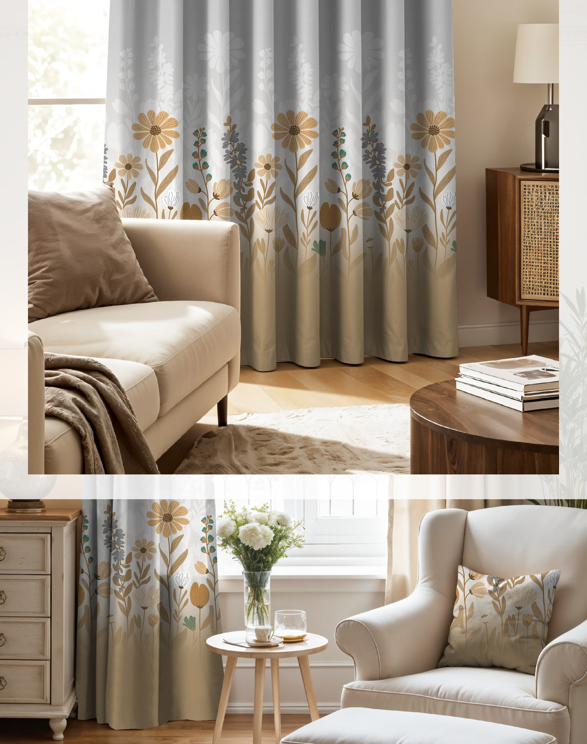 FLORA NATURAL BEIGE  PRINTED ROOM DARKENING CURTAIN