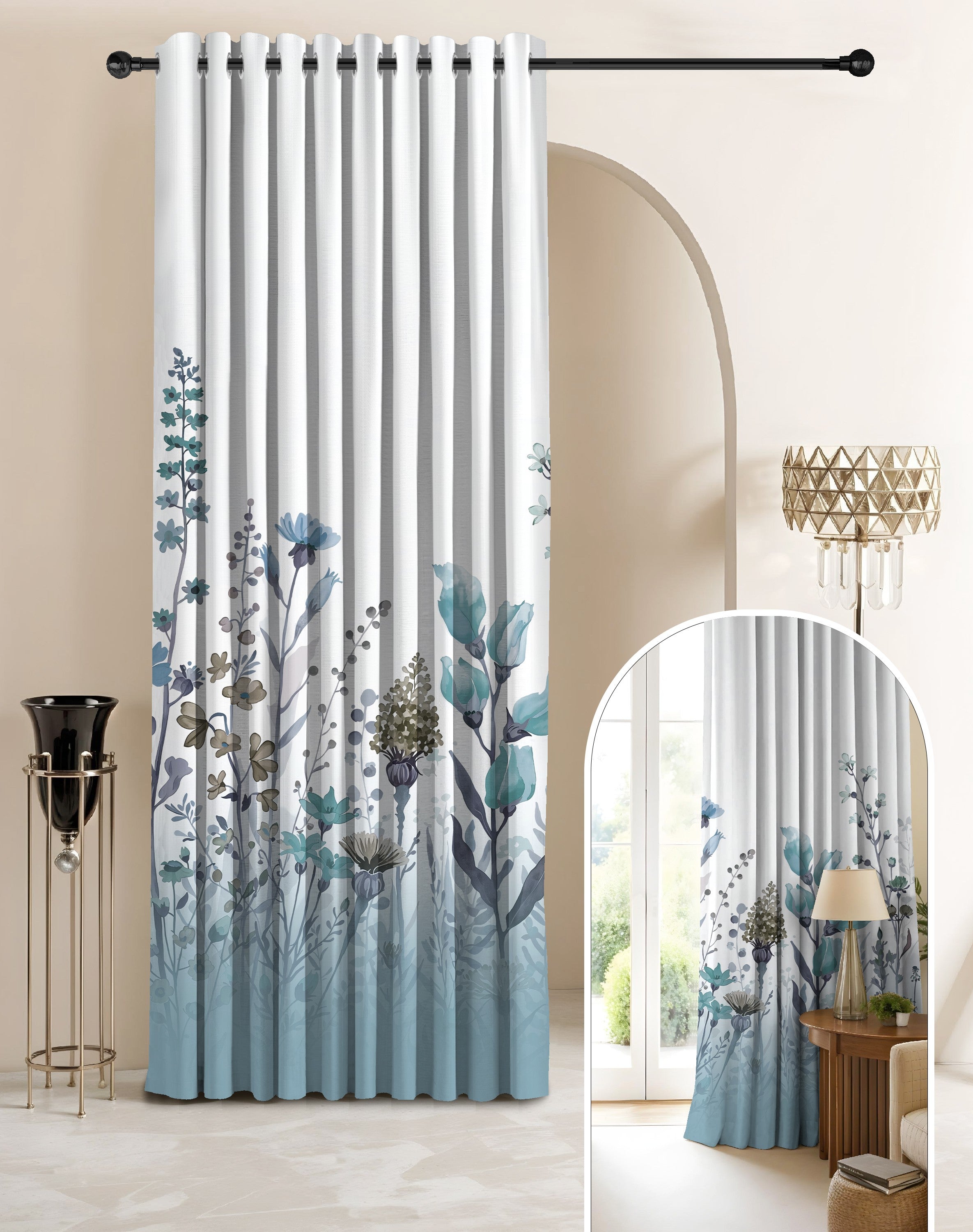 BLOSSOM STEEL BLUE PRINTED ROOM DARKENING CURTAIN