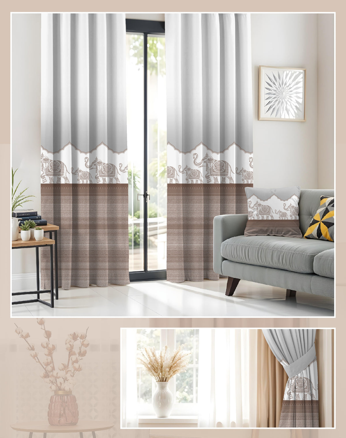 HERITAGE SOFT BROWN PRINTED ROOM DARKENING CURTAIN