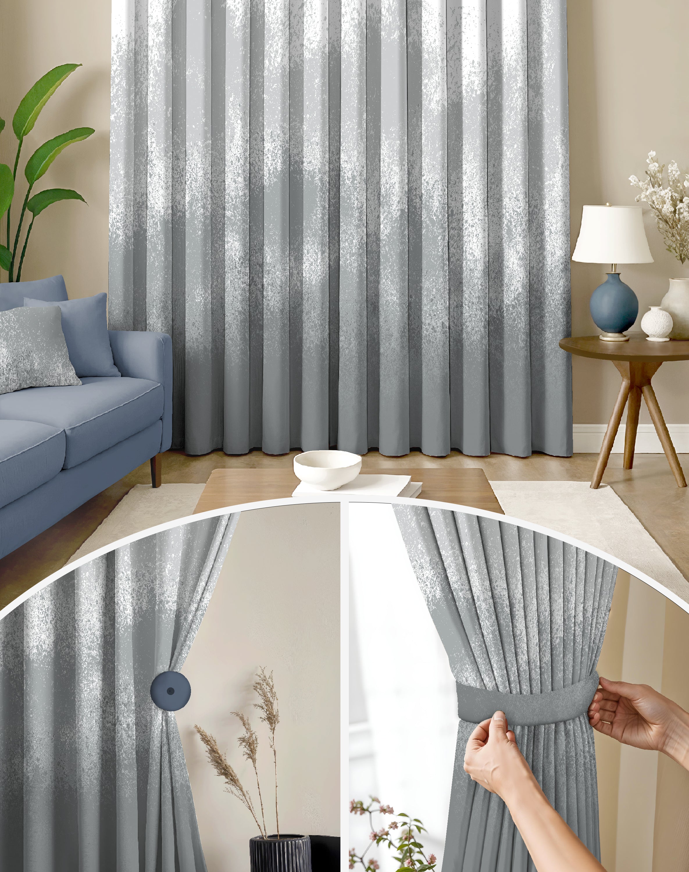 AUREX  COOL GREY PRINTED ROOM DARKENING CURTAIN