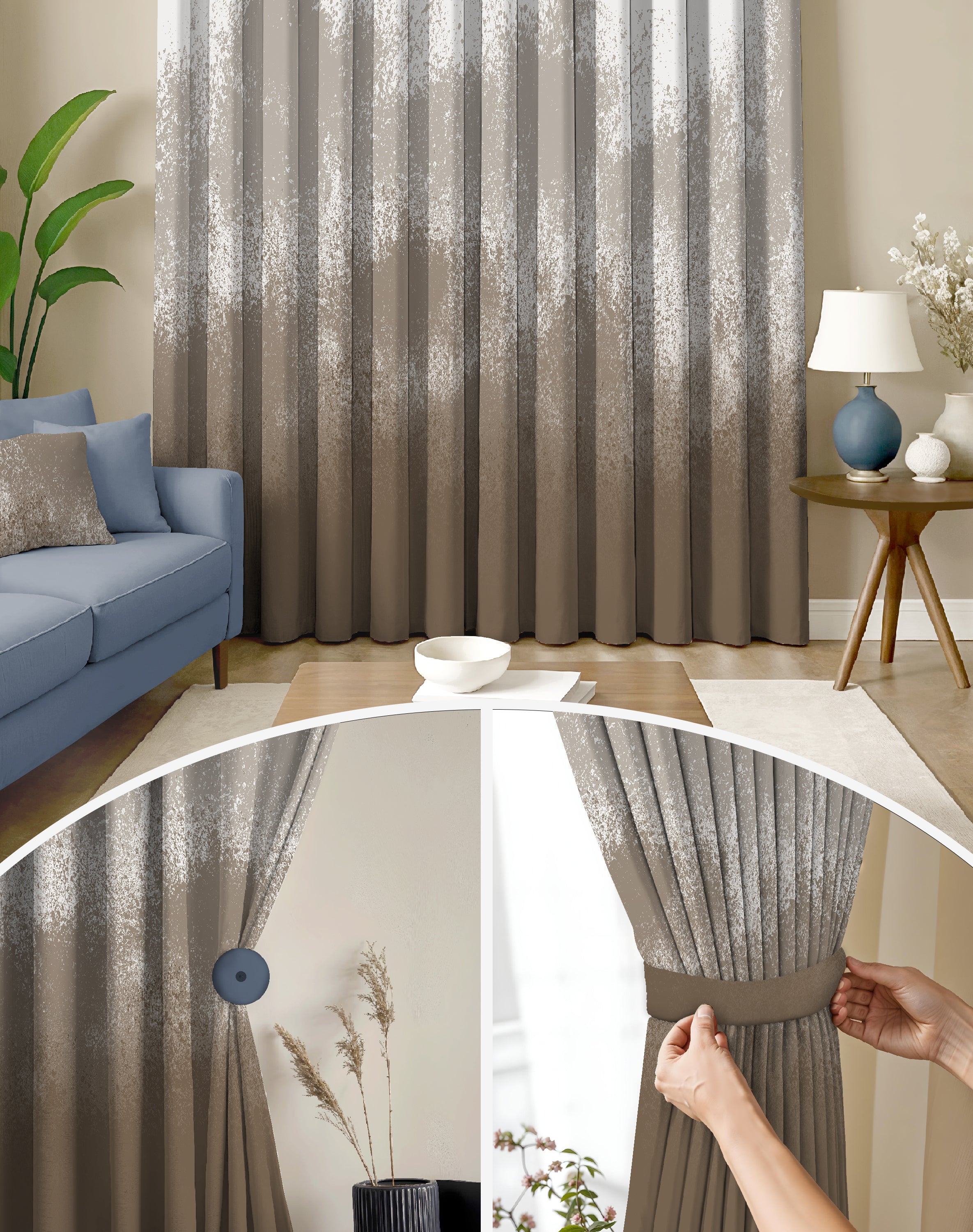 AUREX NEUTRAL BROWN PRINTED ROOM DARKENING CURTAIN