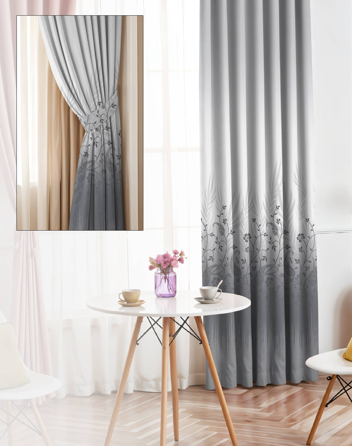VINTORA GREY PRINTED ROOM DARKENING CURTAIN