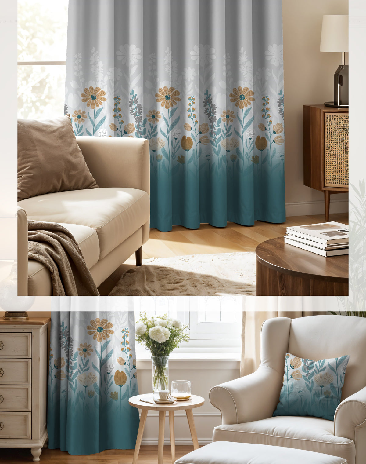 FLORA CADET BLUE PRINTED ROOM DARKENING CURTAIN