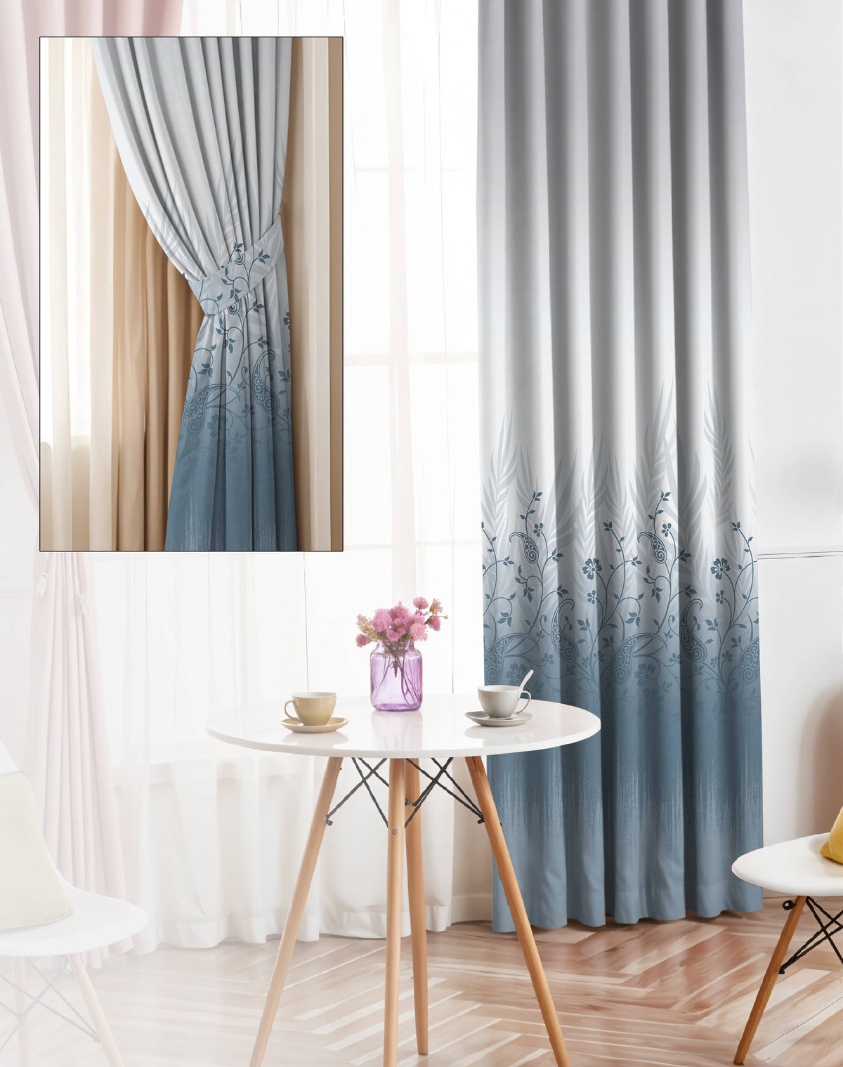 VINTORA STEEL BLUE PRINTED ROOM DARKENING CURTAIN
