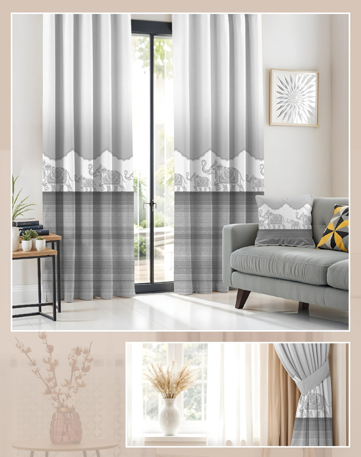 HERITAGE LIGHT GREY PRINTED ROOM DARKENING CURTAIN