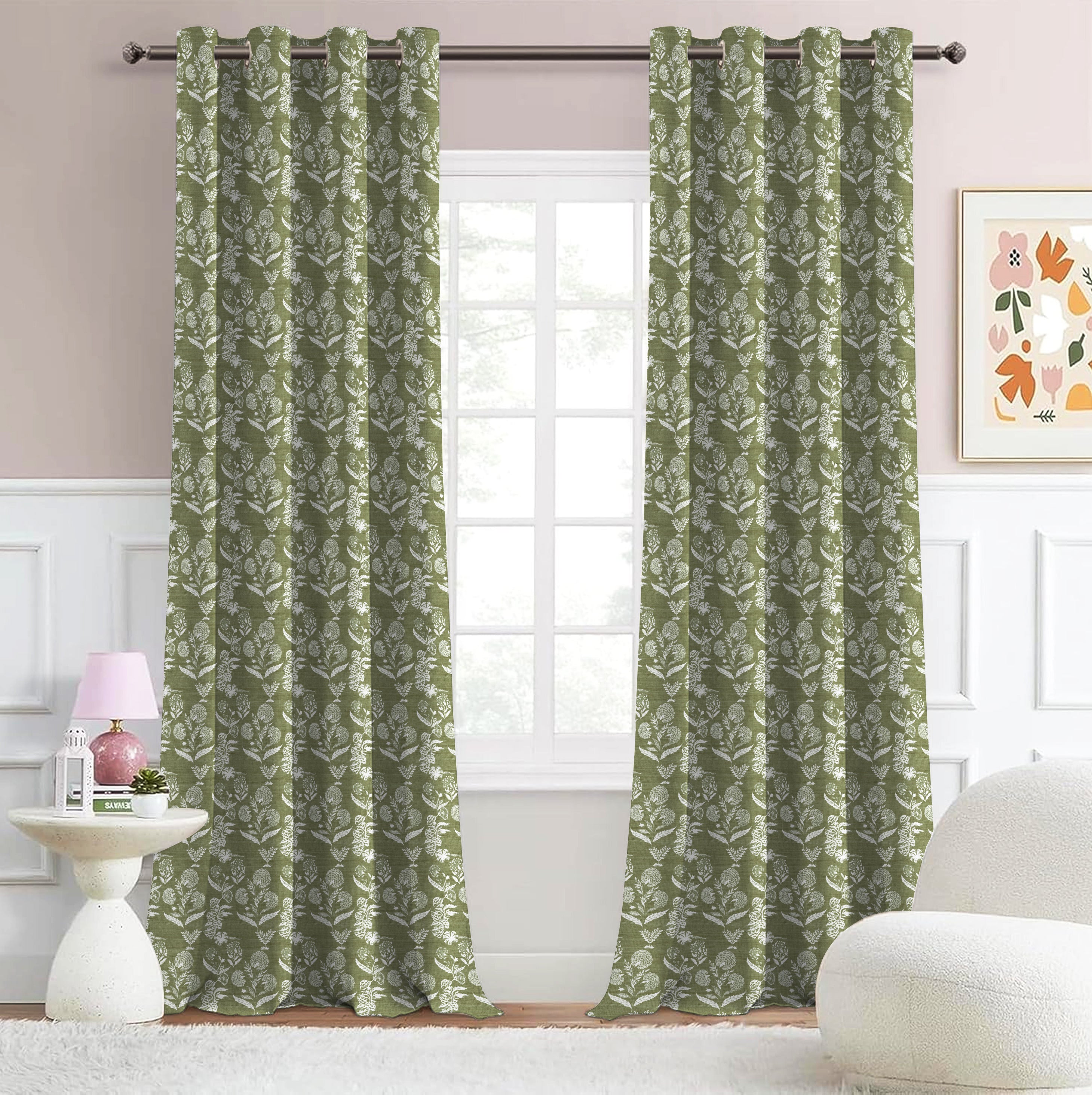 AURELIA MATTY OLIVE GREEN PRINTED ROOM DARKENER/100% BLACKOUT CURTAIN