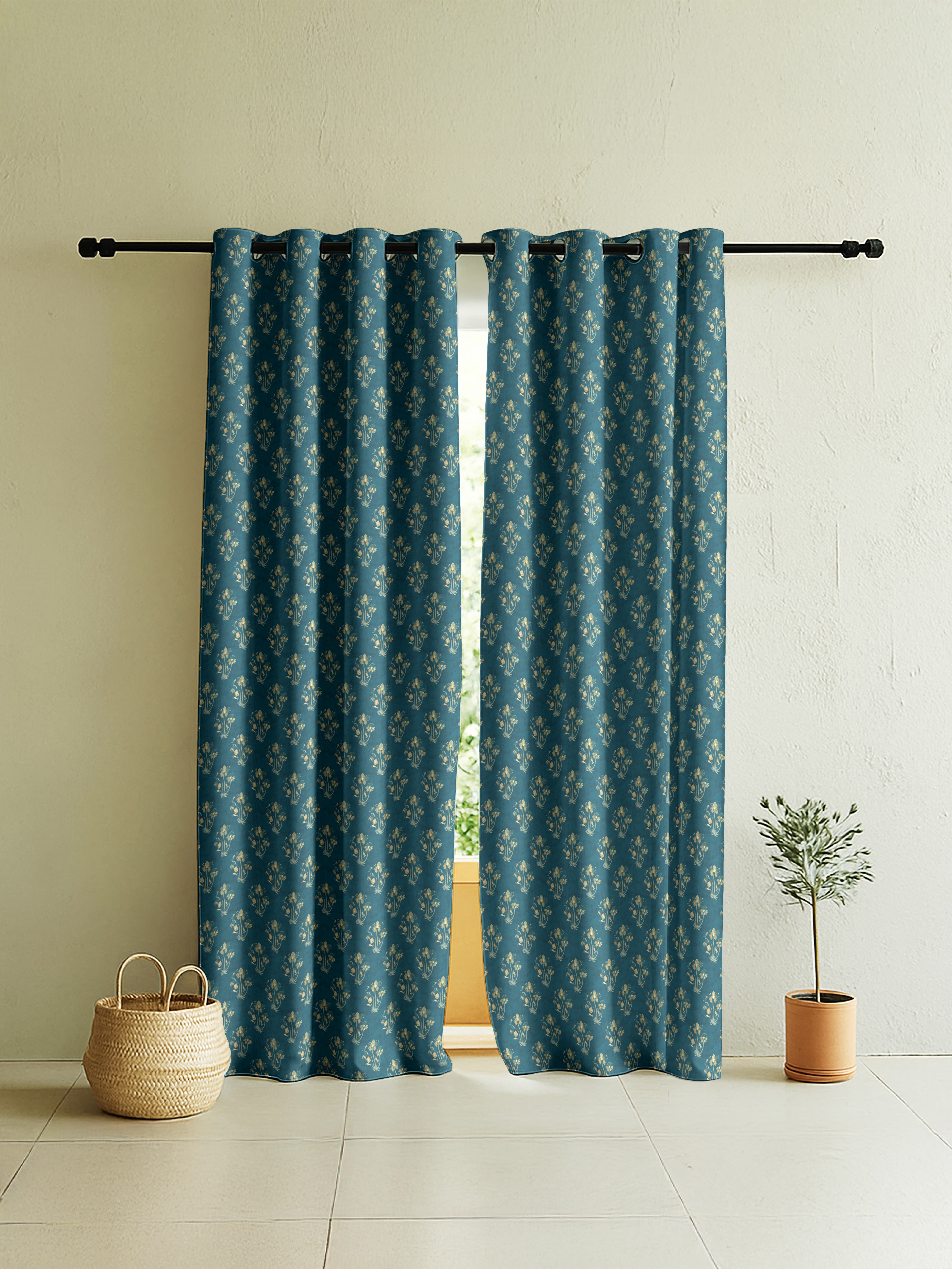 VERONA MATTY TEAL PRINTED ROOM DARKENER CURTAIN