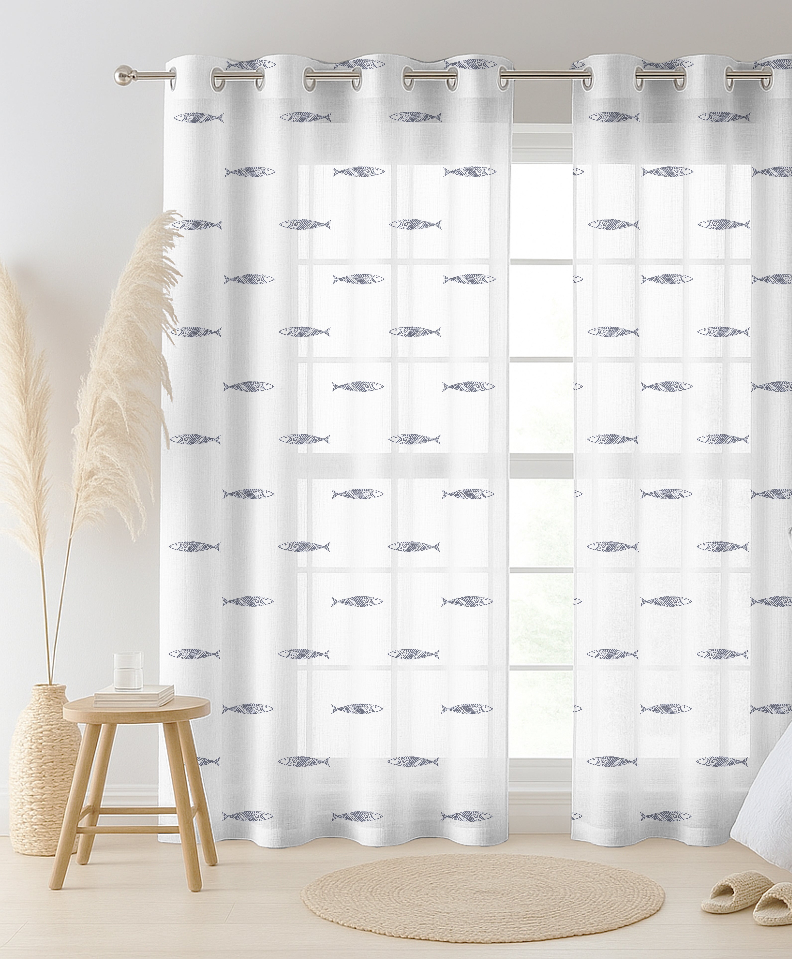 FISH DARKGREY LINEN PRINTED SHEER CURTAIN
