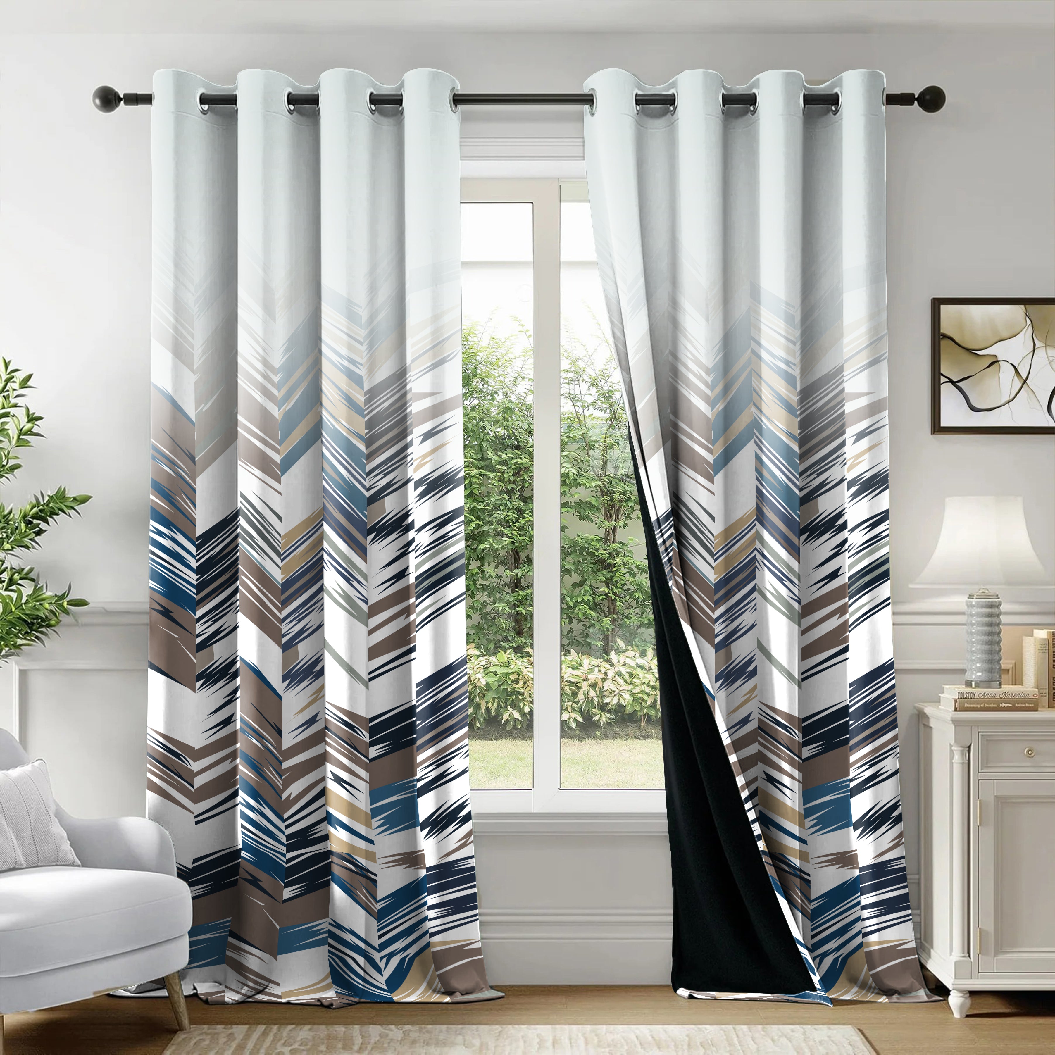 ANNECY WHITE CURTAINS 100% BLACKOUT PRINTED FOR LIVING & BEDROOMS