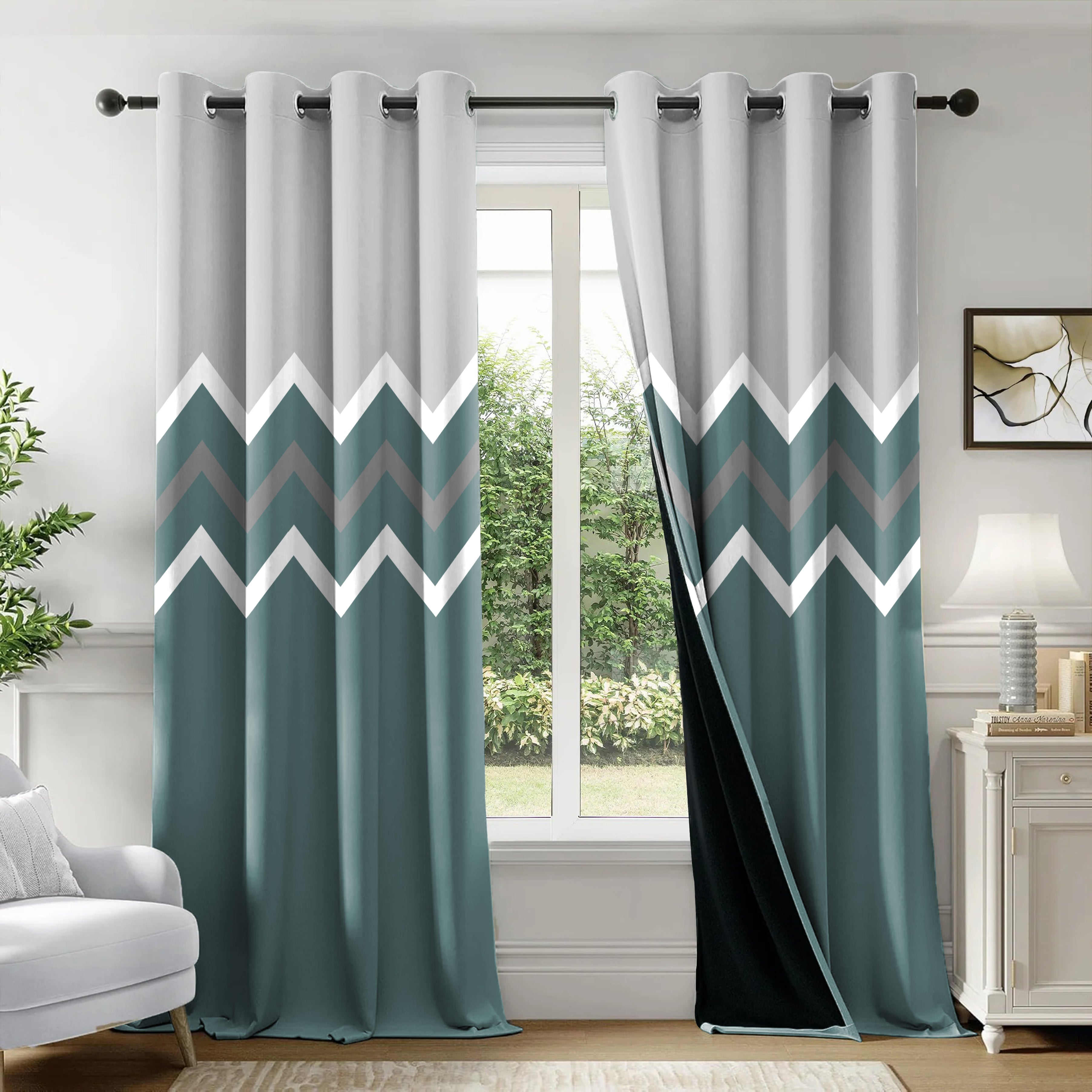 VERMONT TEAL CURTAINS 100% BLACKOUT PRINTED FOR LIVING & BEDROOMS
