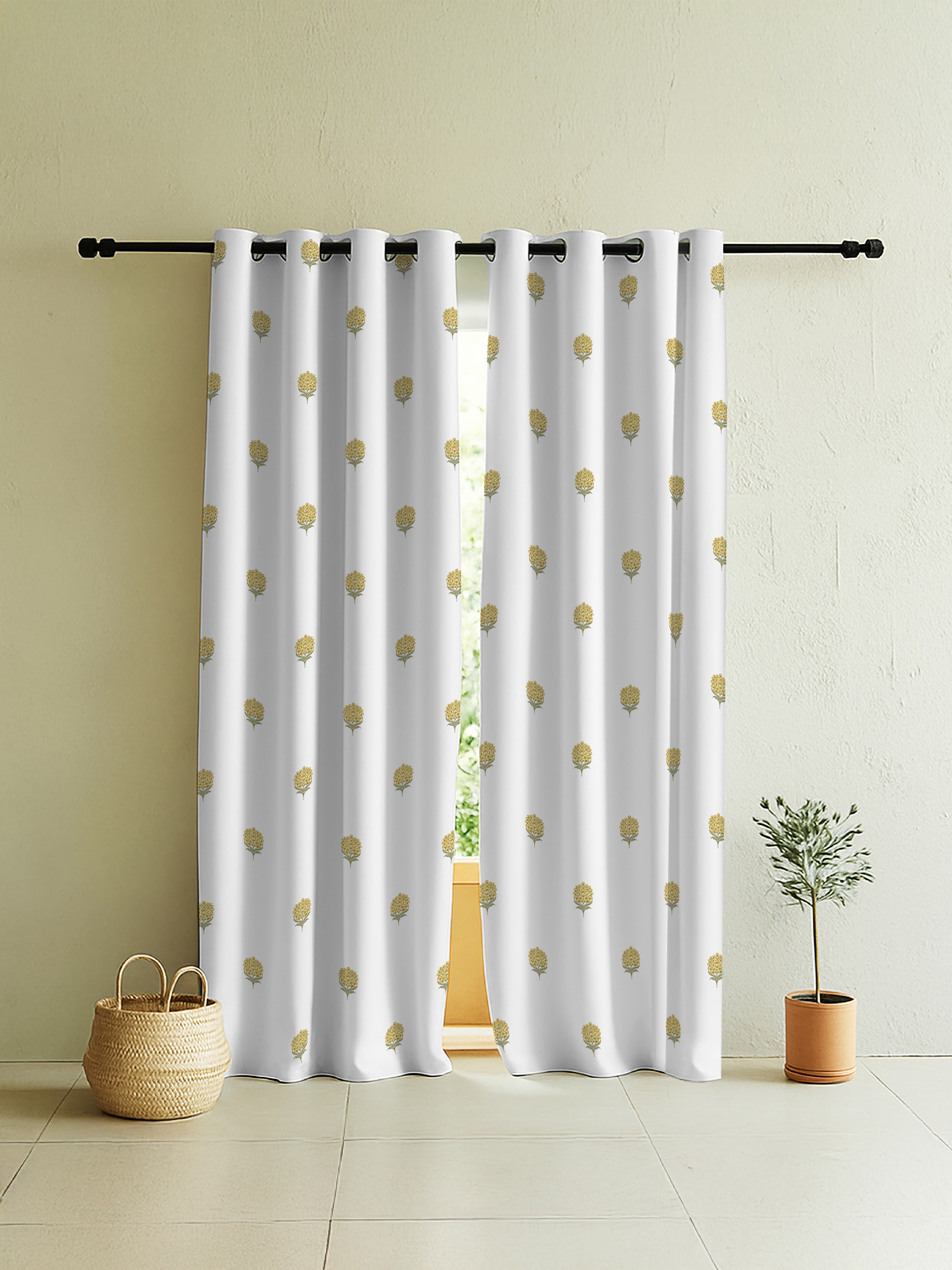 POKHARA MATTY MUSTARD PRINTED ROOM DARKENER/100% BLACKOUT CURTAIN