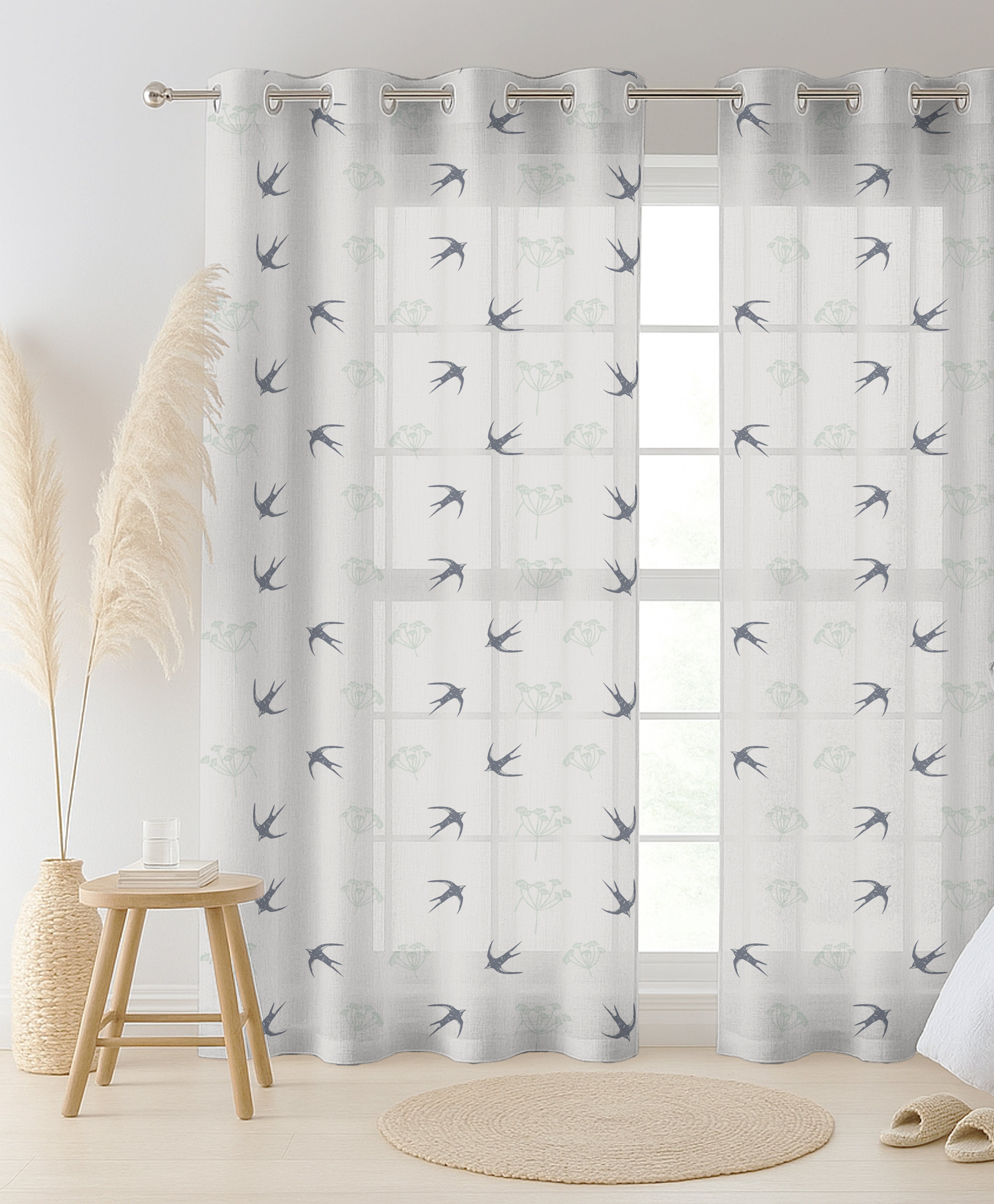FLOWERS LIGHTGREEN LINEN PRINTED SHEER CURTAIN