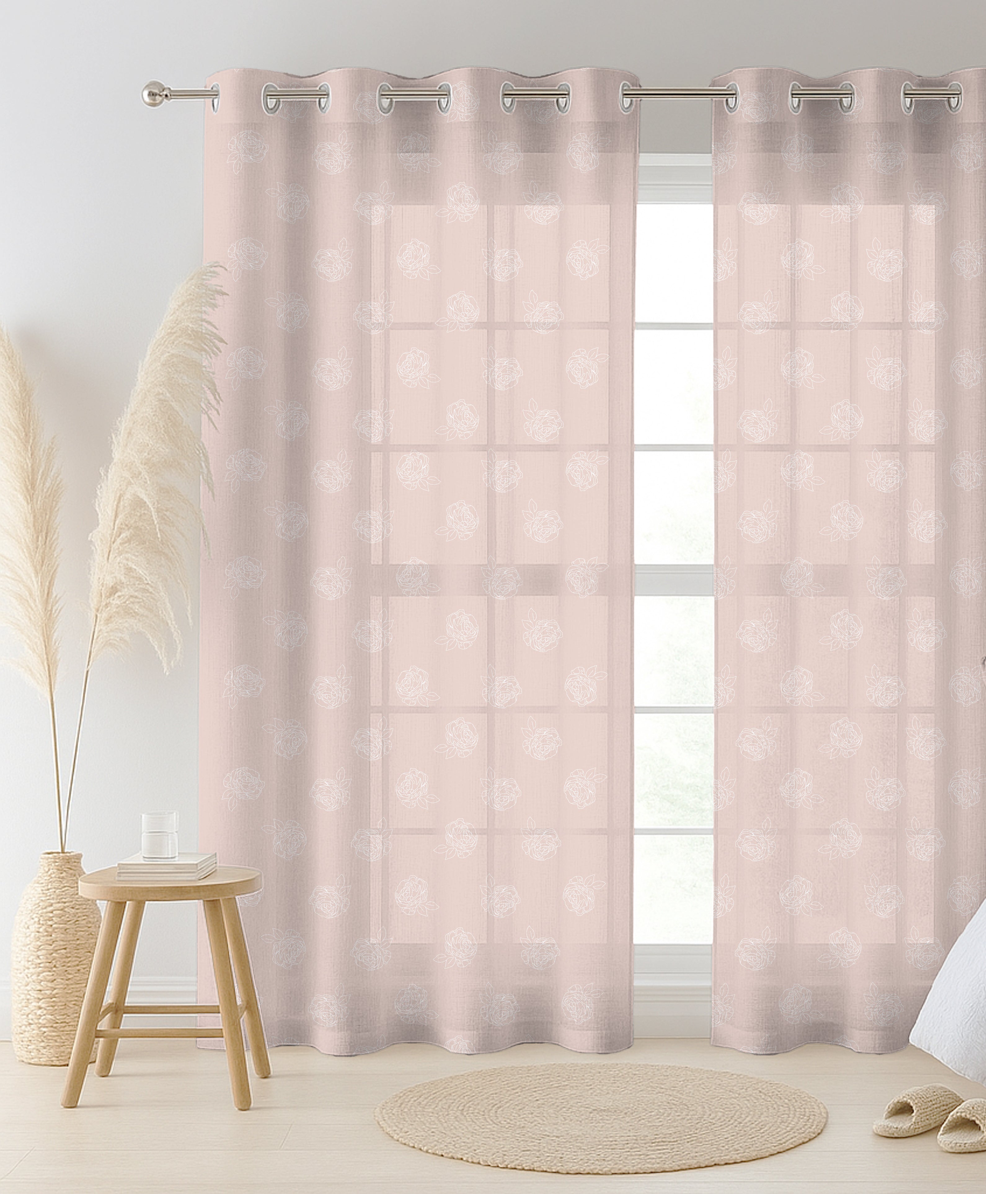 ROSE QUEEN PINK LINEN PRINTED SHEER CURTAIN