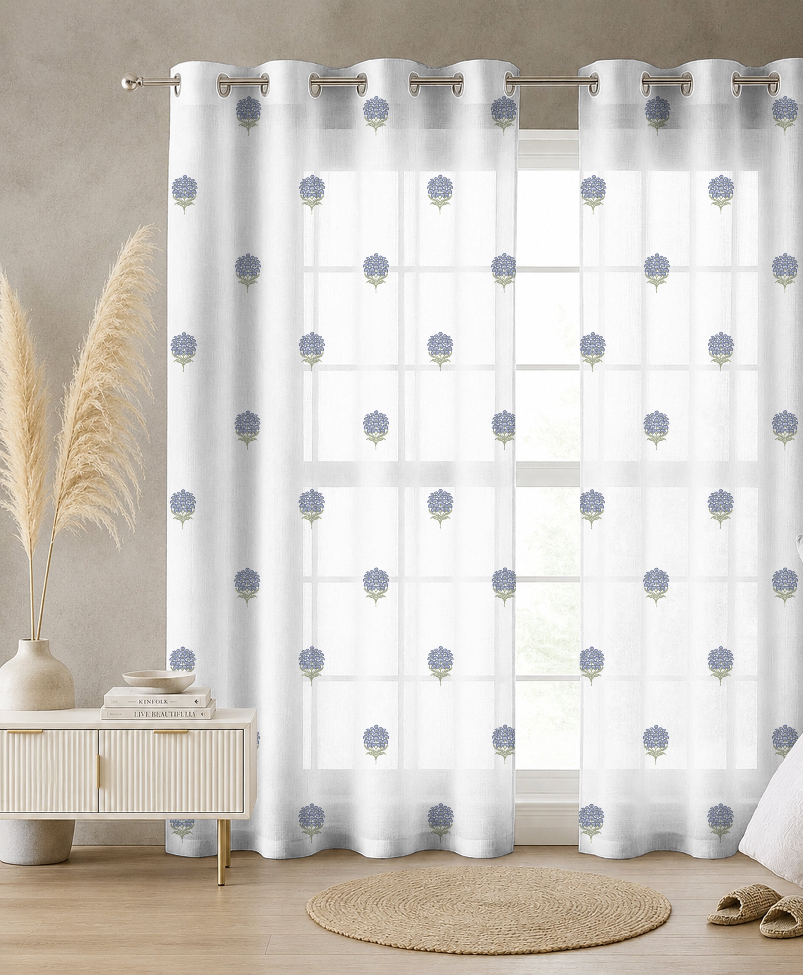 POKHARA BLUE LINEN PRINTED SHEER CURTAIN