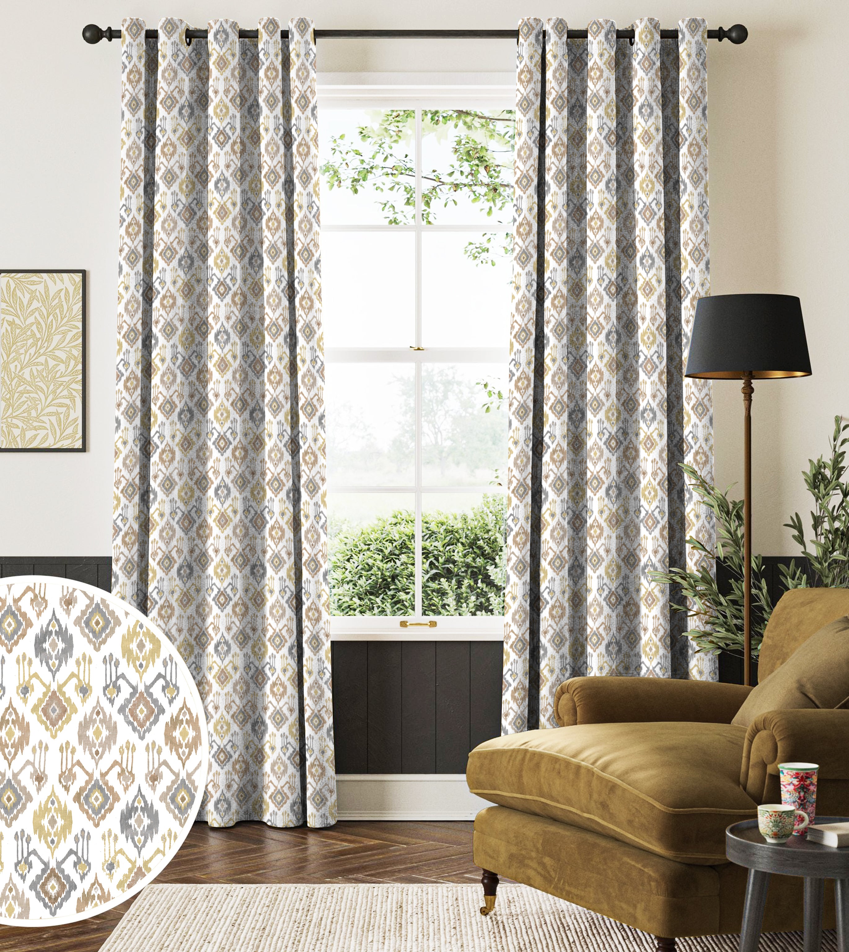 TUNBRIDGE ANTHEM MUSTARD ROOM DARKENING PRINTED CURTAIN