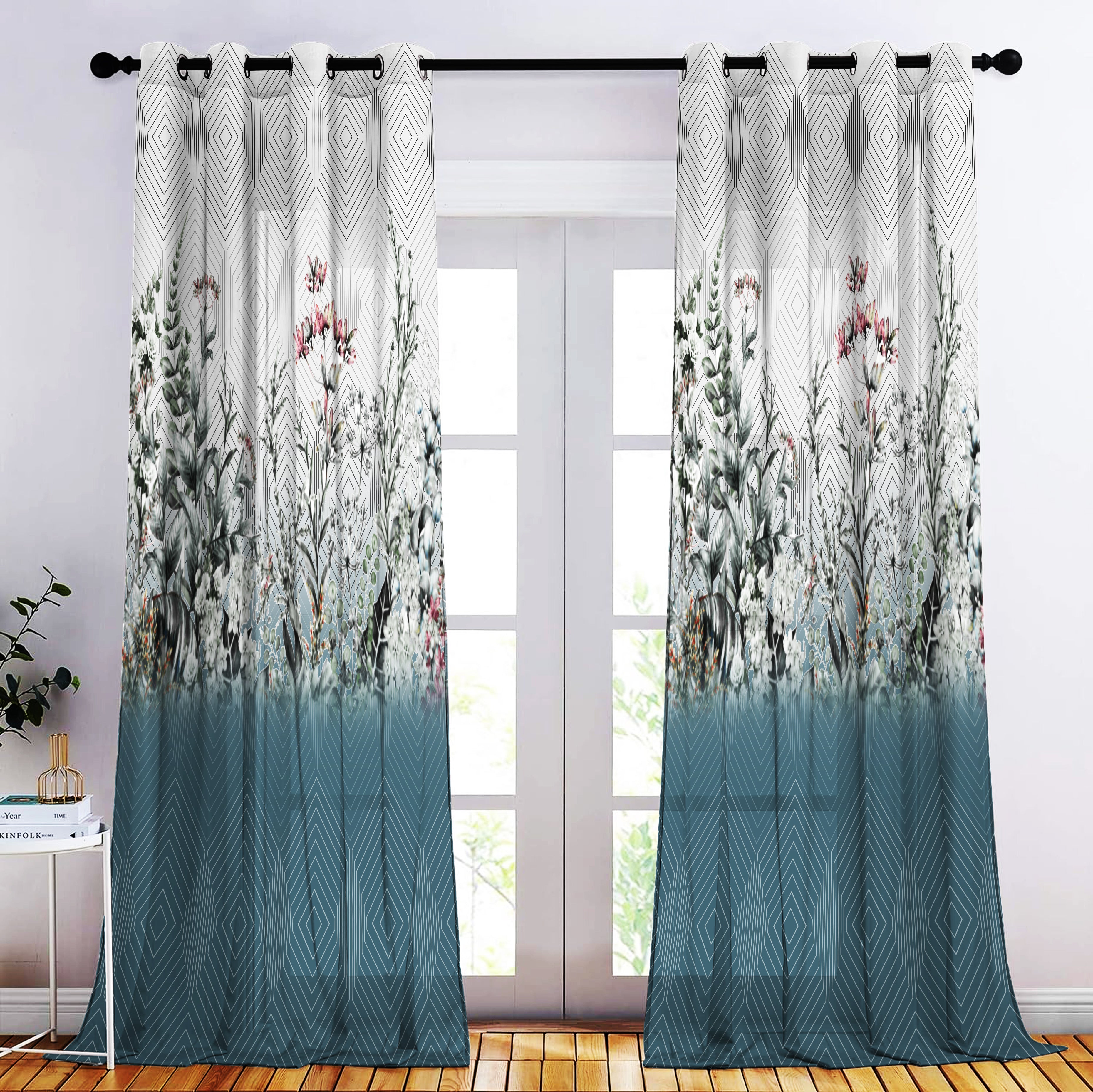 SULTANAHMET TEAL LINEN PRINTED SHEER CURTAIN