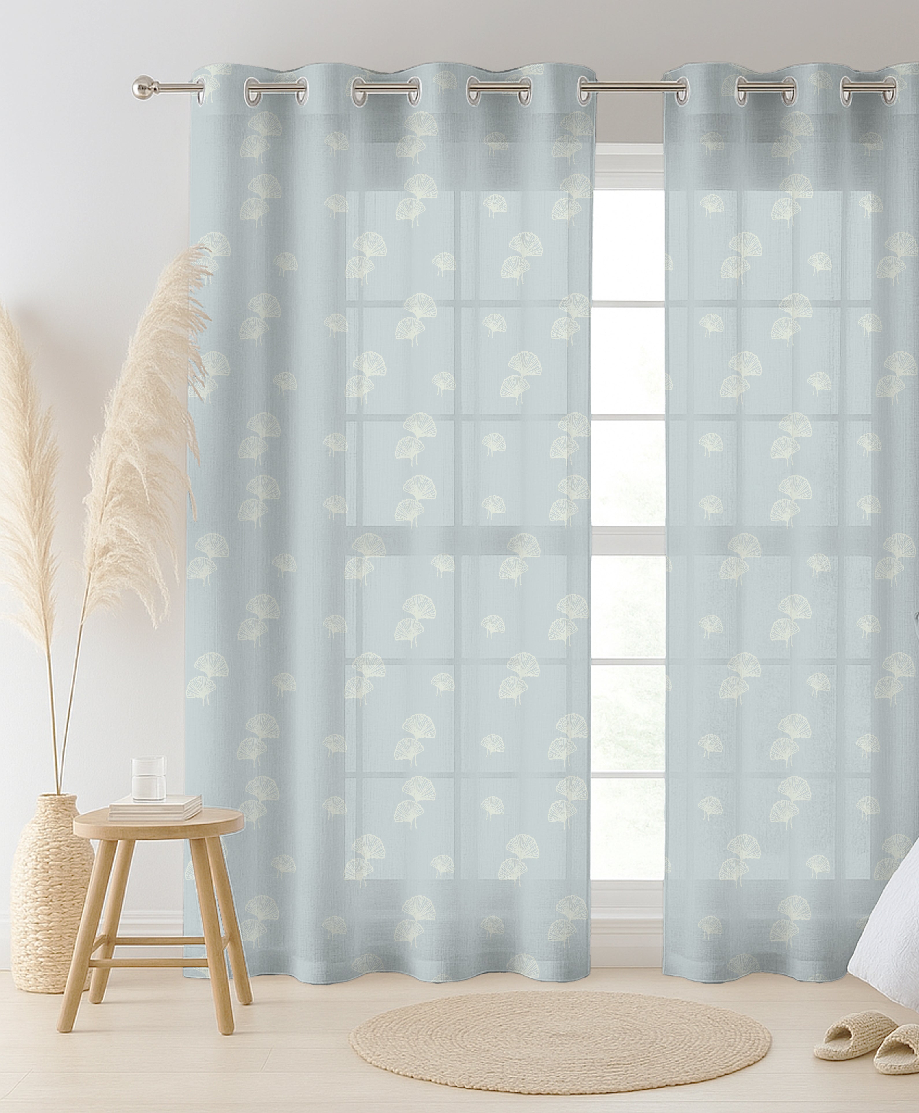 GINKGO TREE BLUE LINEN PRINTED SHEER CURTAIN