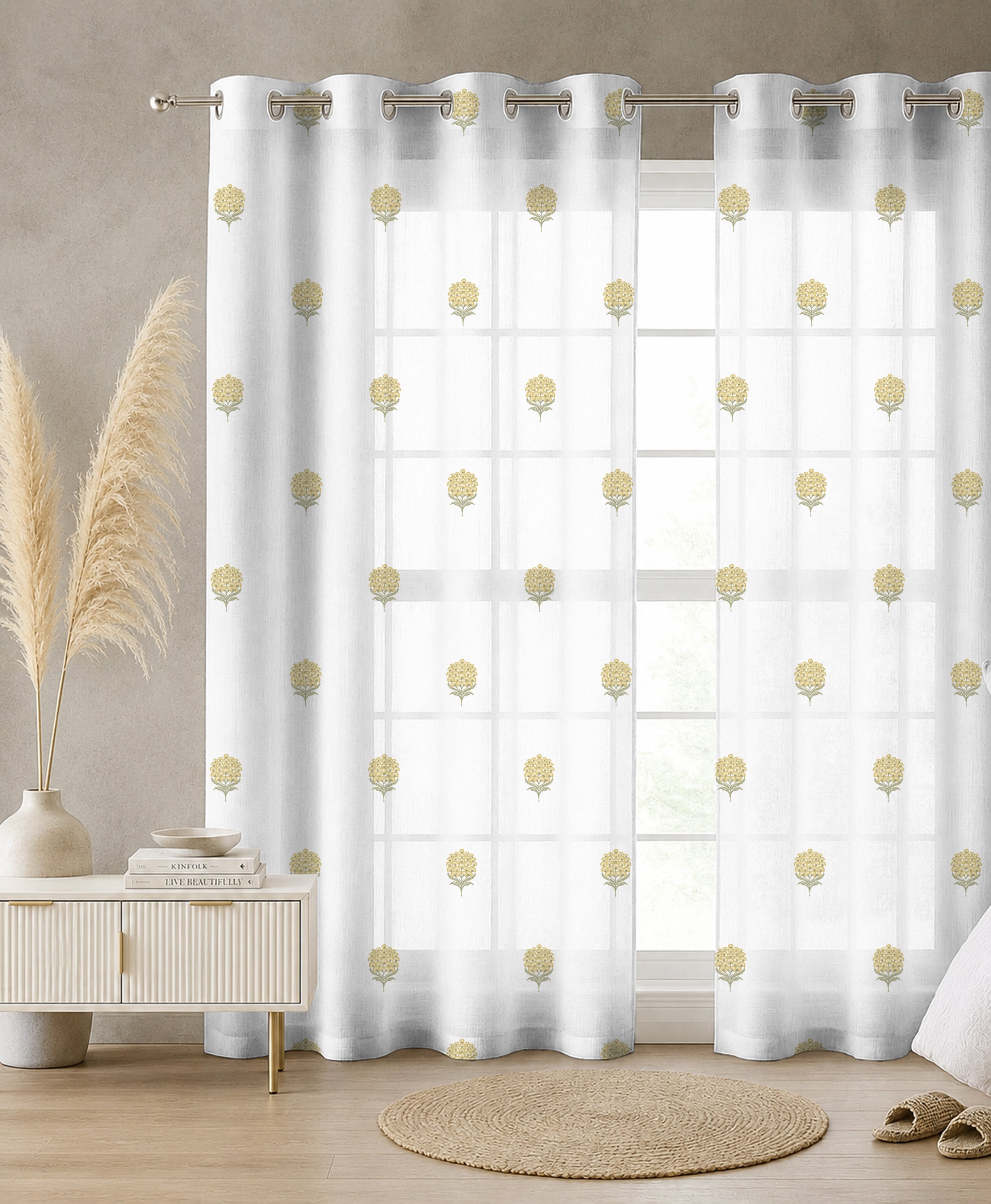 POKHARA MUSTARD LINEN PRINTED SHEER CURTAIN