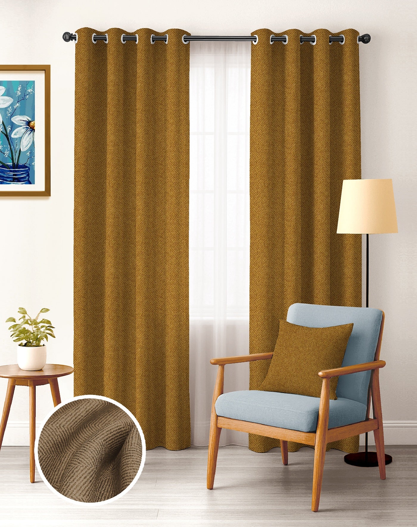 TWILLBONE DARK MUSTARD PRINTED BLACKOUT CURTAINS