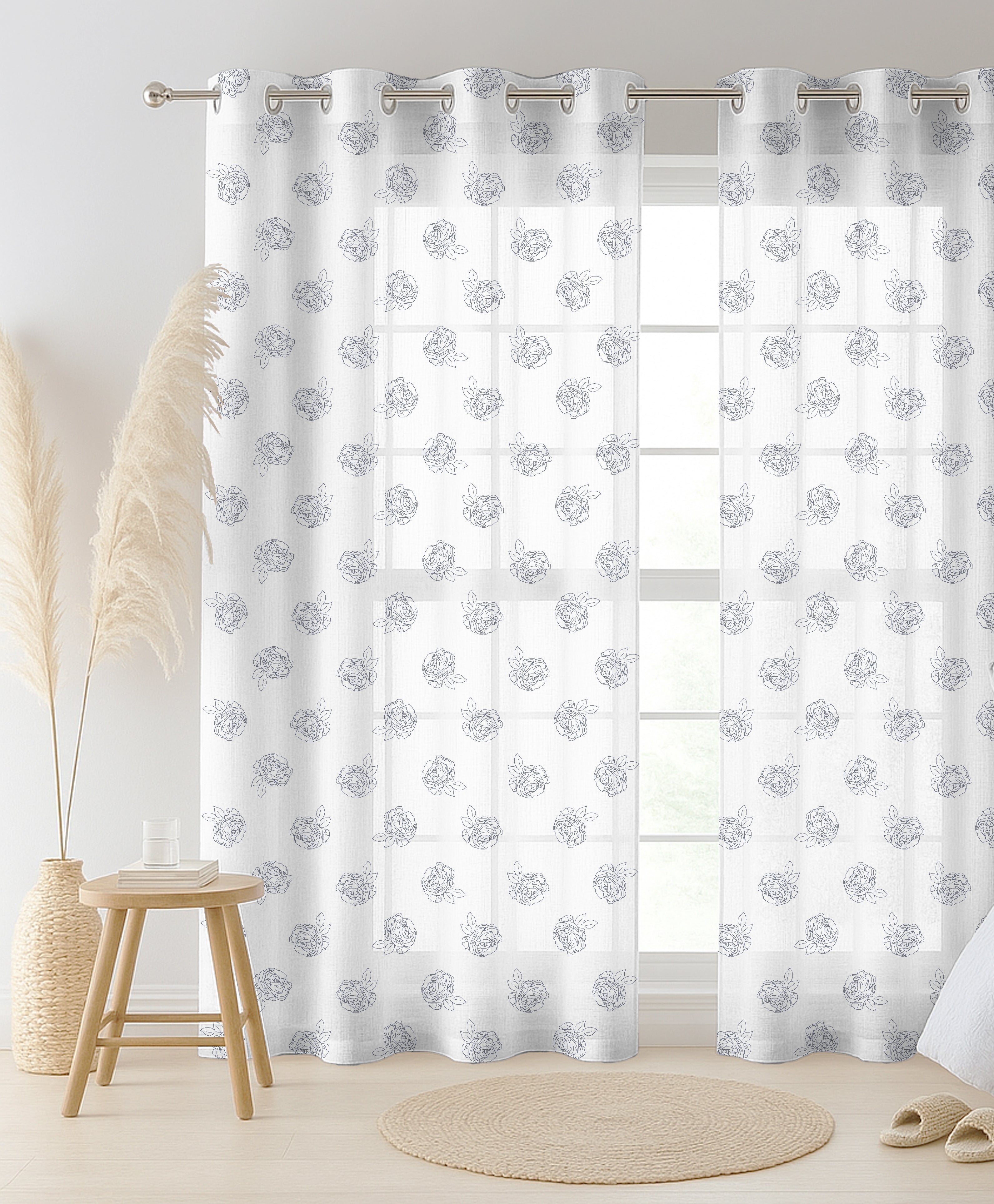 ROSE BLACK LINEN PRINTED SHEER CURTAIN