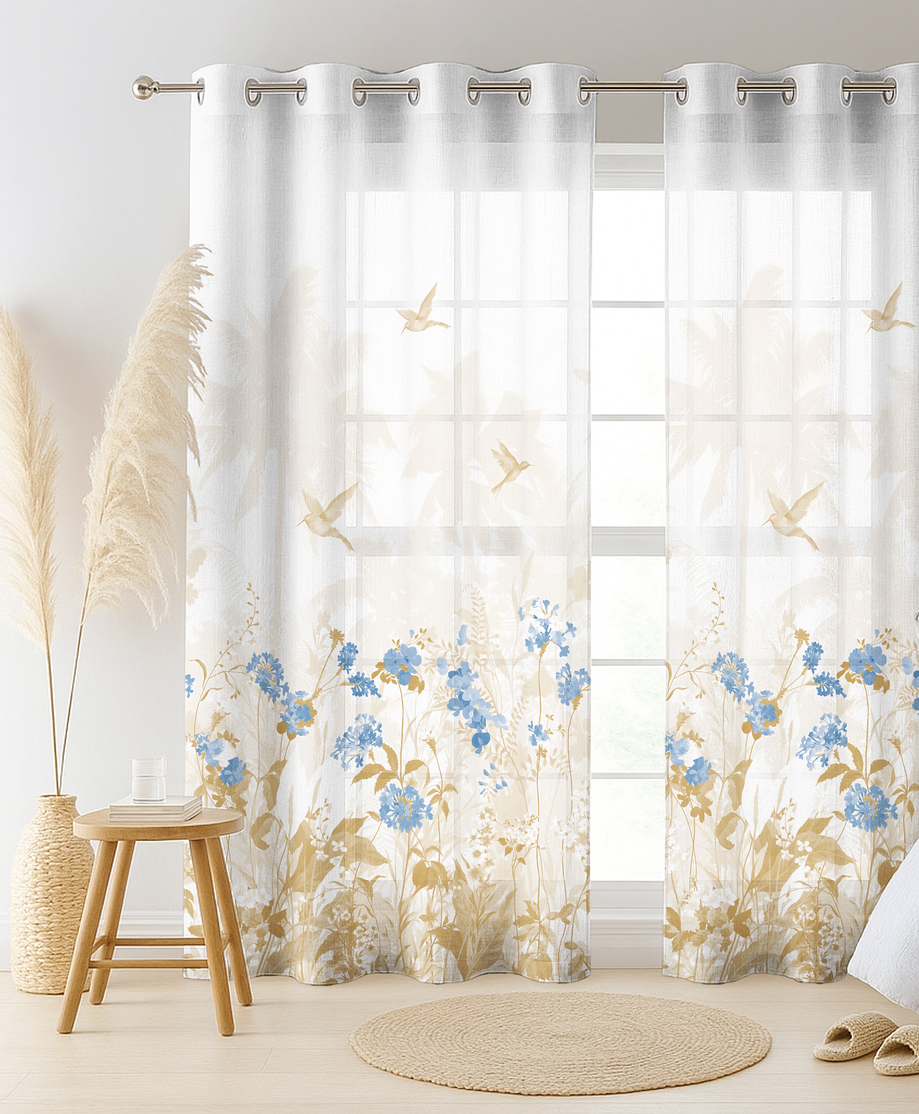 COASTAL BLUE LINEN PRINTED SHEER CURTAIN