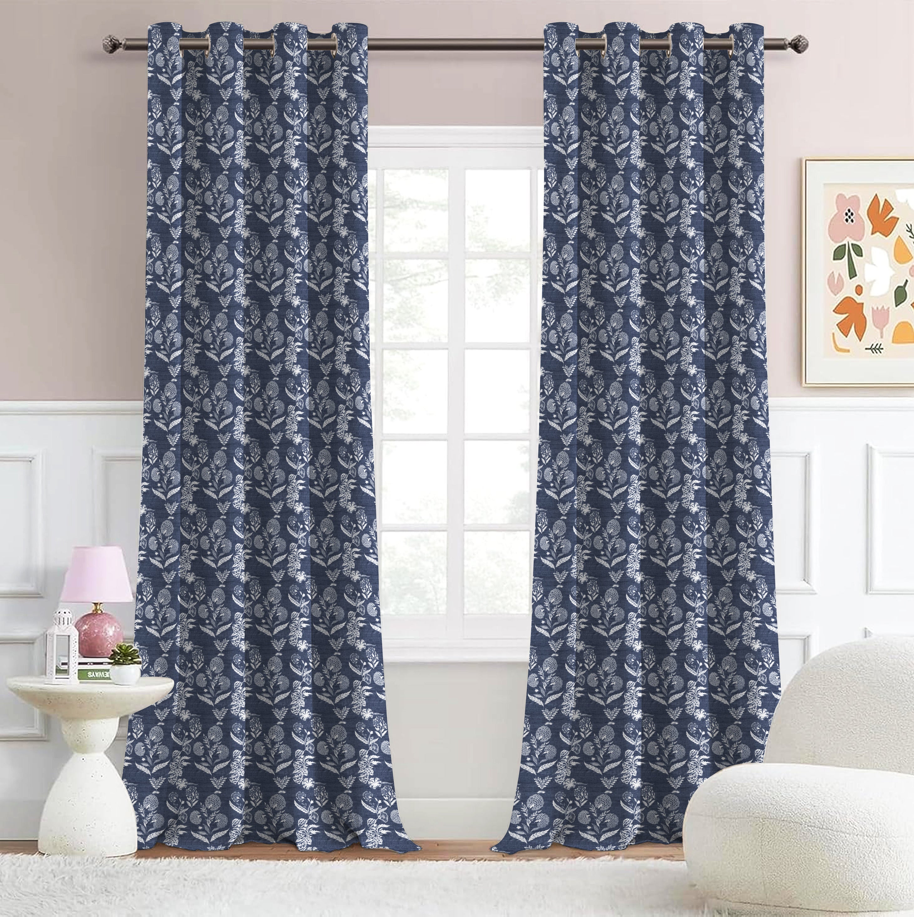 AURELIA MATTY DARK BLUE PRINTED ROOM DARKENER/100% BLACKOUT CURTAIN