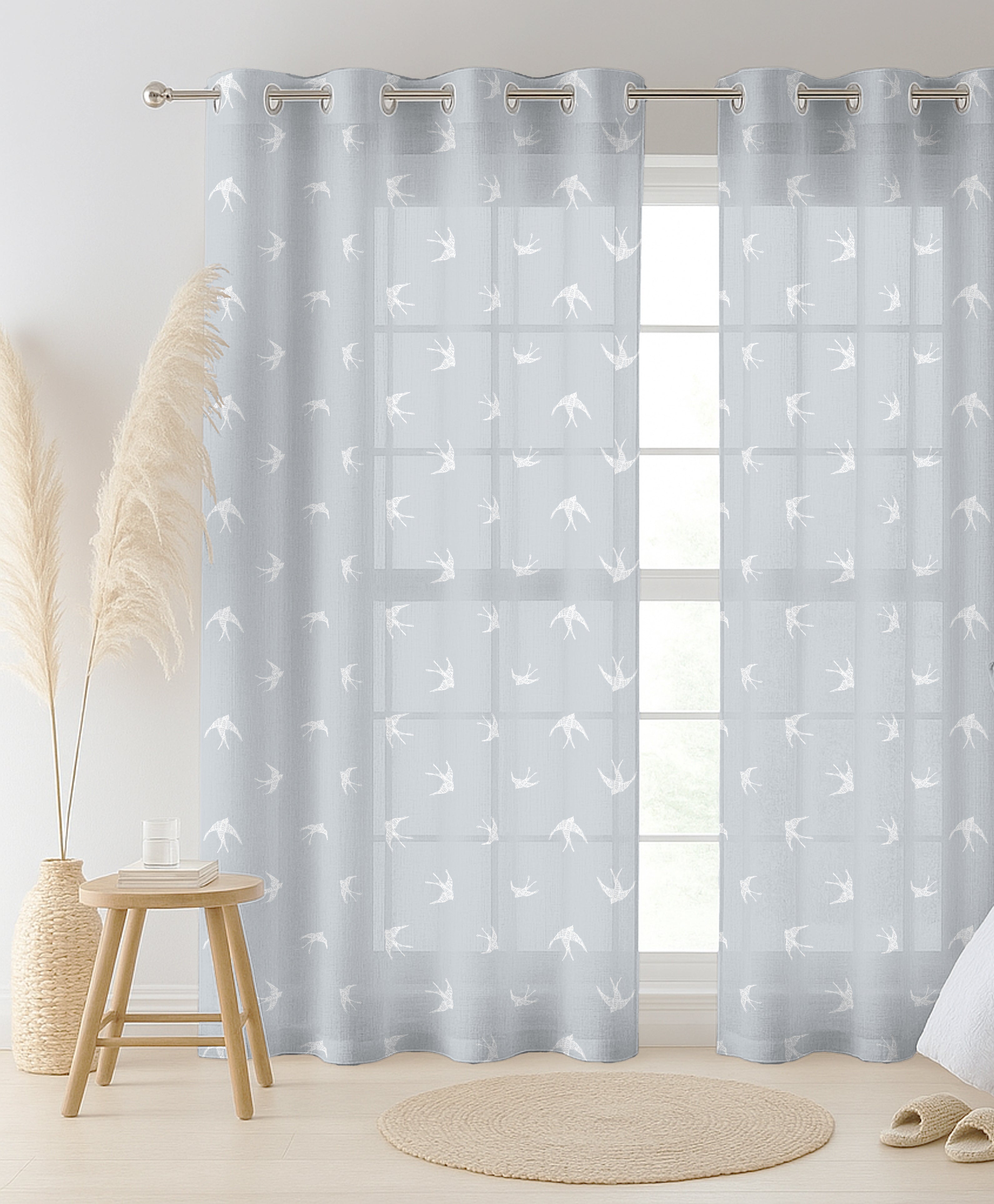 ANGLE BABY BLUE LINEN PRINTED SHEER CURTAIN