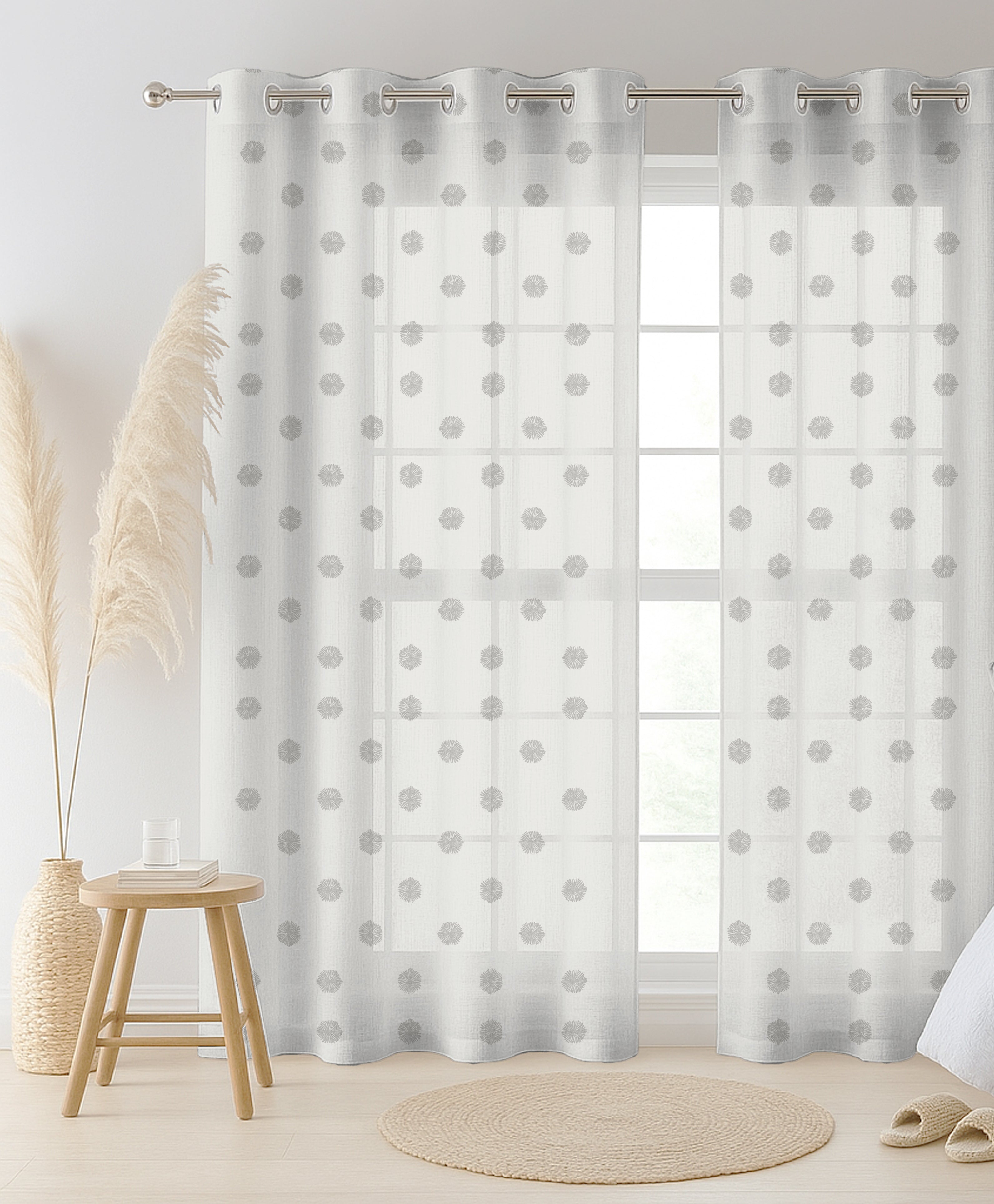 FLOWER COFFEE LINEN PRINTED SHEER CURTAIN