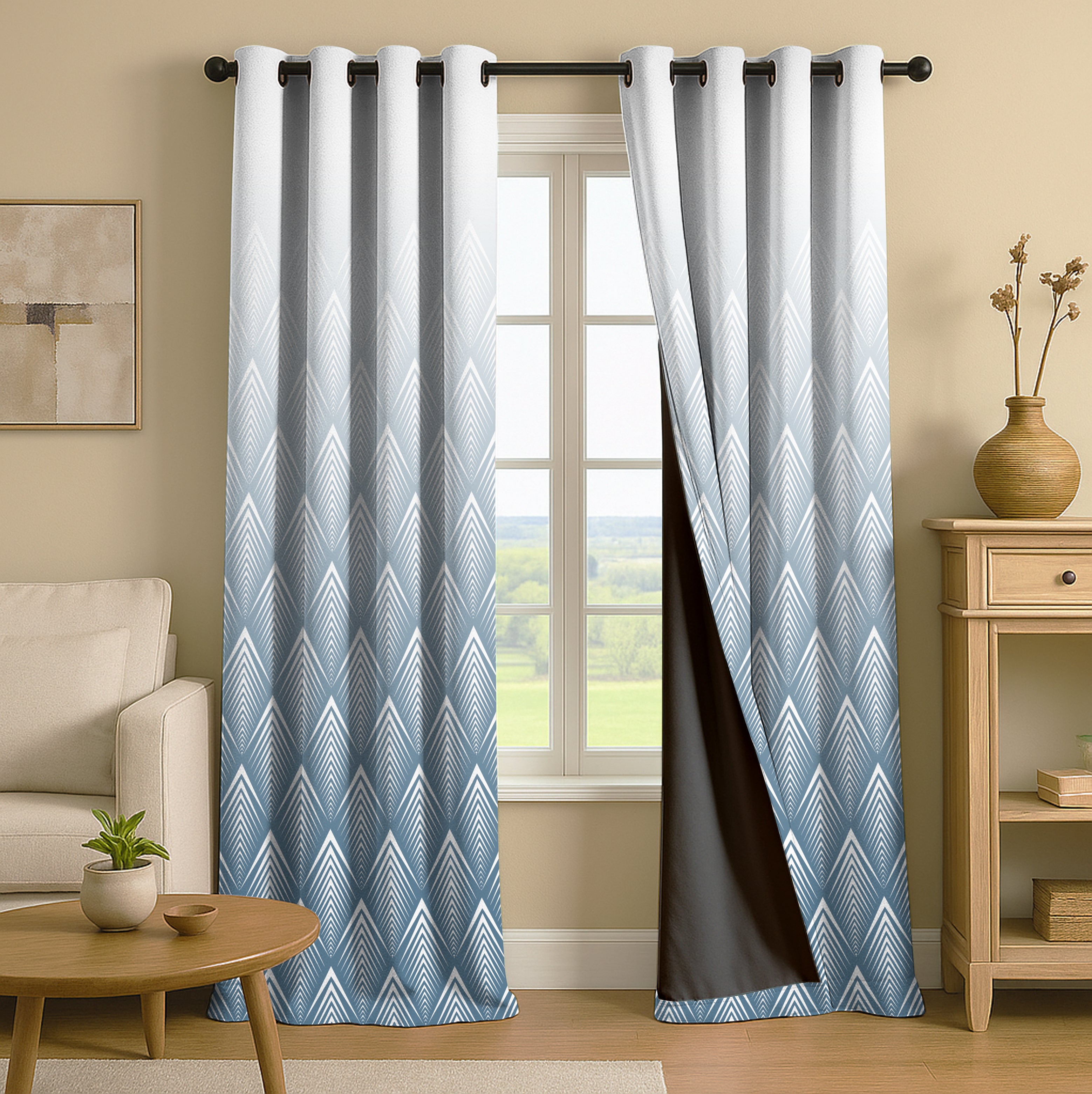 EMILY BLUE CURTAINS 100% BLACKOUT PRINTED FOR LIVING & BEDROOMS