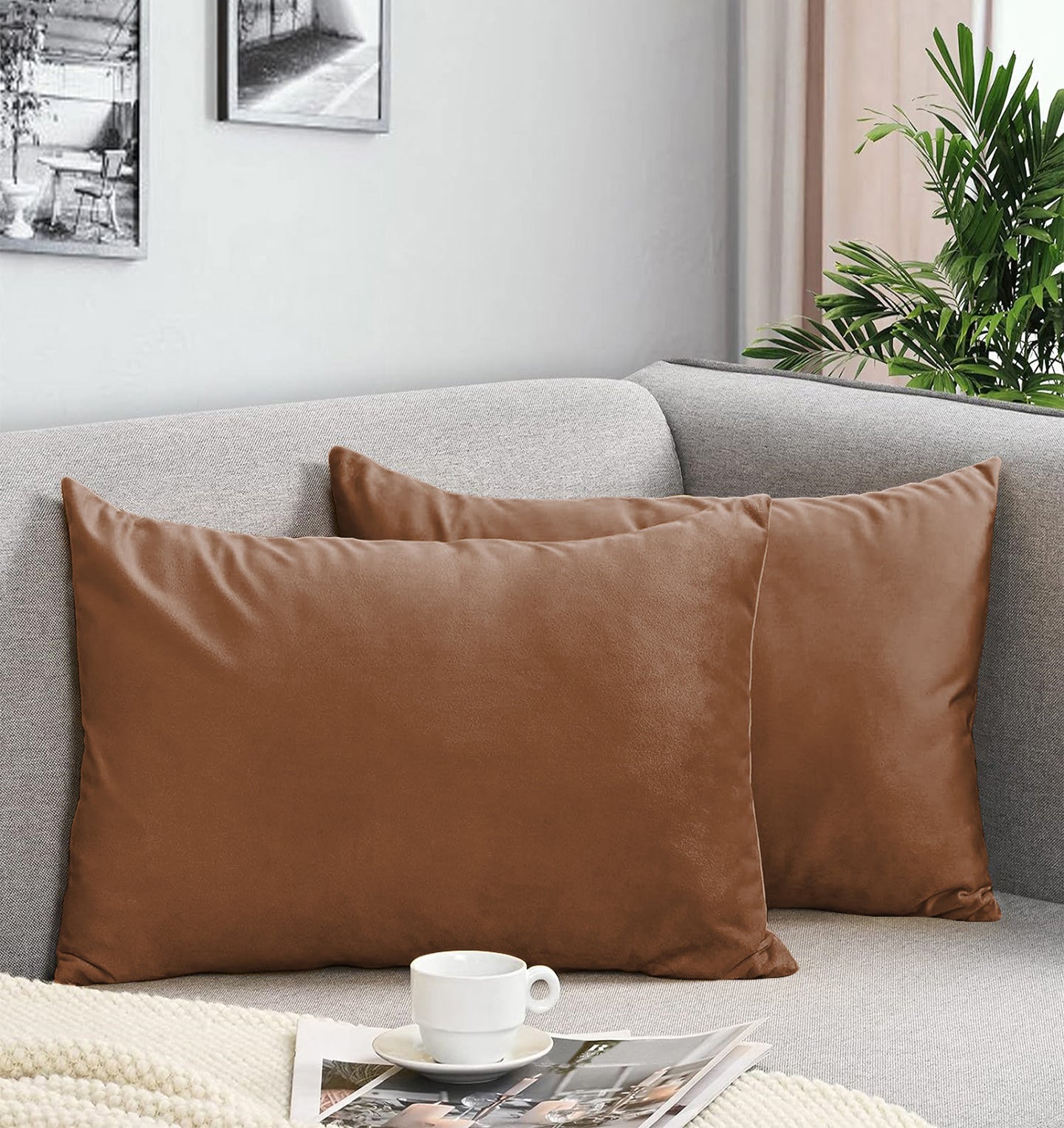 CASABLEU VELVET RECTANGULAR CUSHION COVER THROW PILLOW COVER FOR LIVING ROOM COUCH SINGLE SOFA, COLOURFUL MODERN COLOUR - BROWN) (Pack of 2)