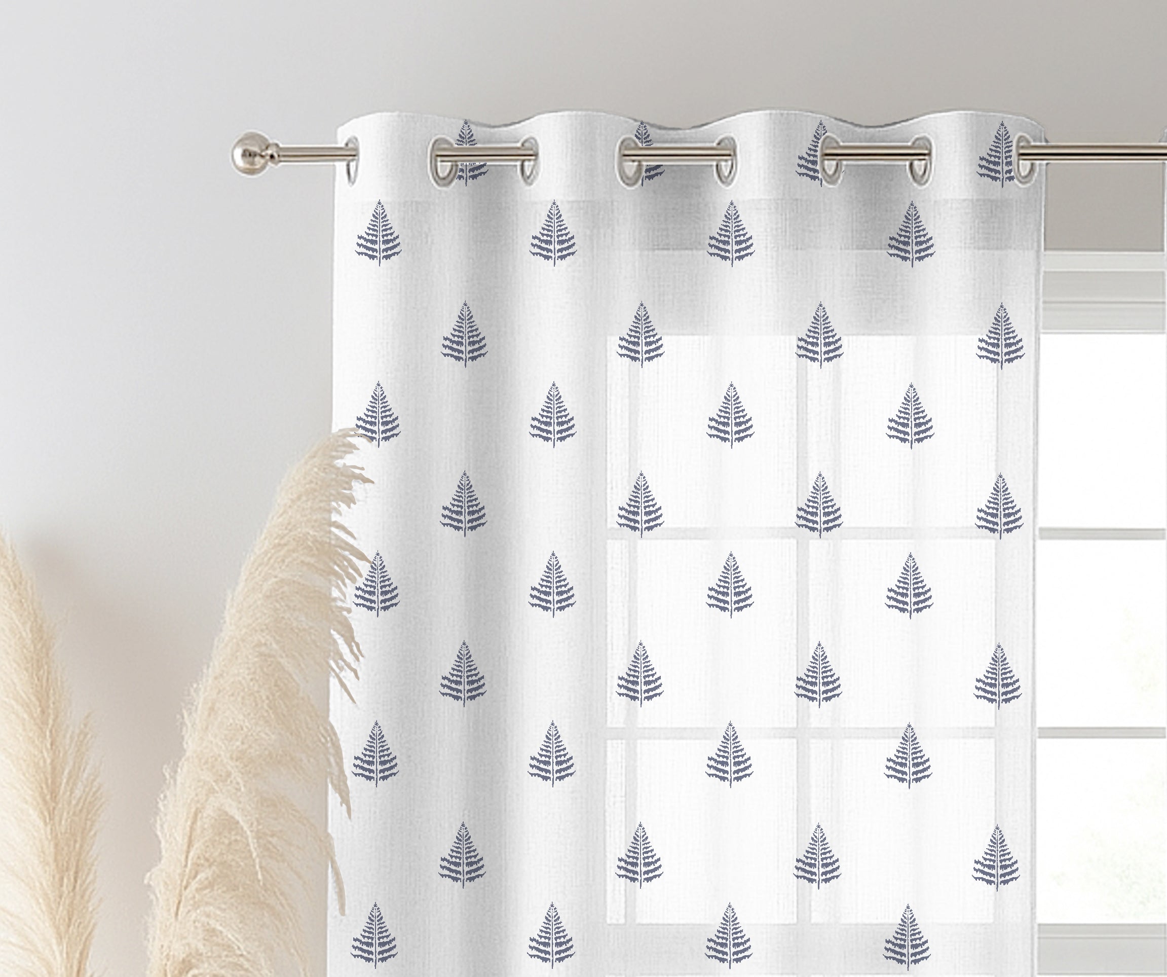 PINE TREE CHARCOAL LINEN PRINTED SHEER CURTAIN