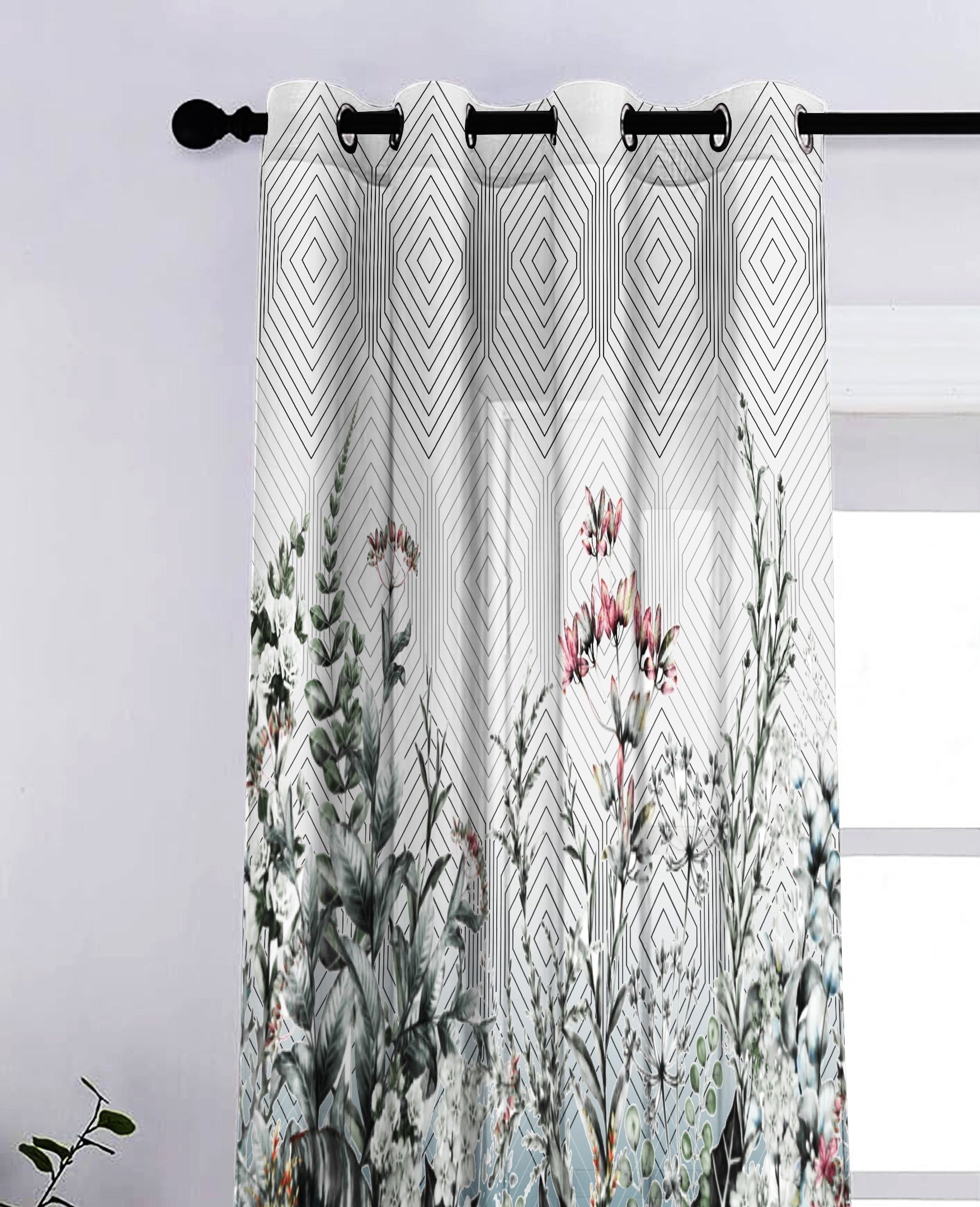 SULTANAHMET TEAL LINEN PRINTED SHEER CURTAIN