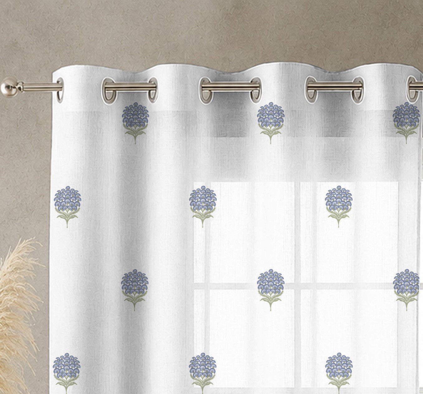 POKHARA BLUE LINEN PRINTED SHEER CURTAIN