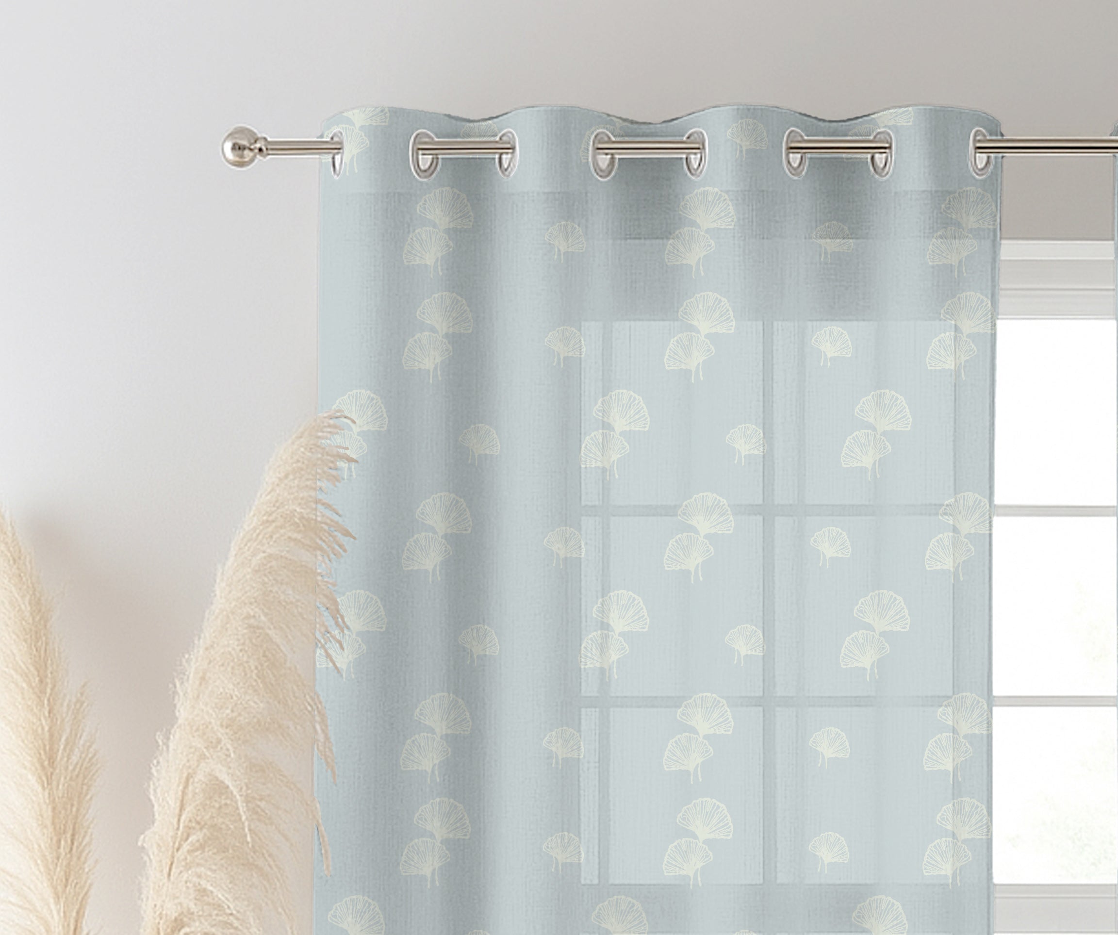 GINKGO TREE BLUE LINEN PRINTED SHEER CURTAIN