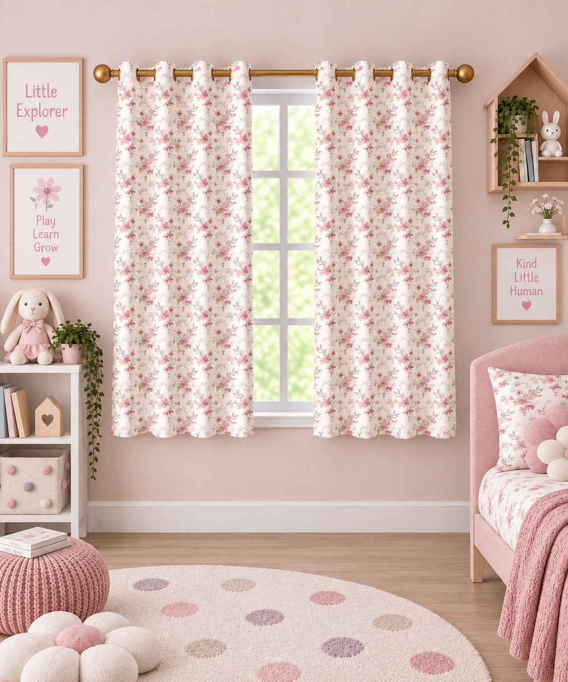 Flowers Pink Printed Curtain