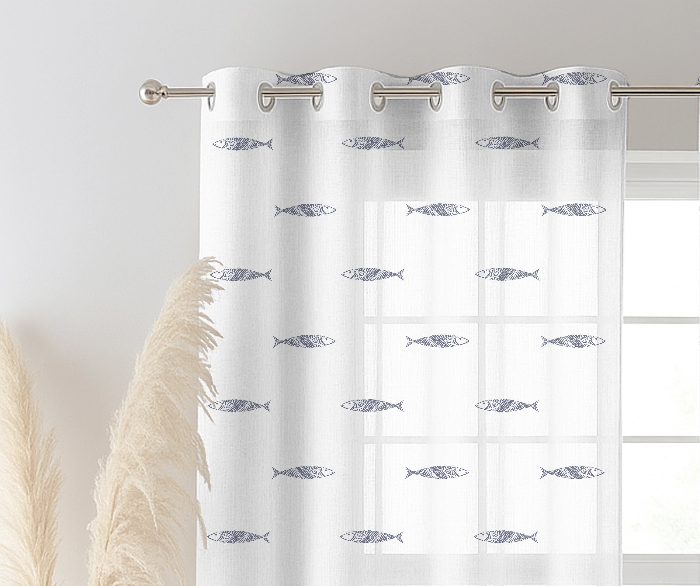 FISH DARKGREY LINEN PRINTED SHEER CURTAIN