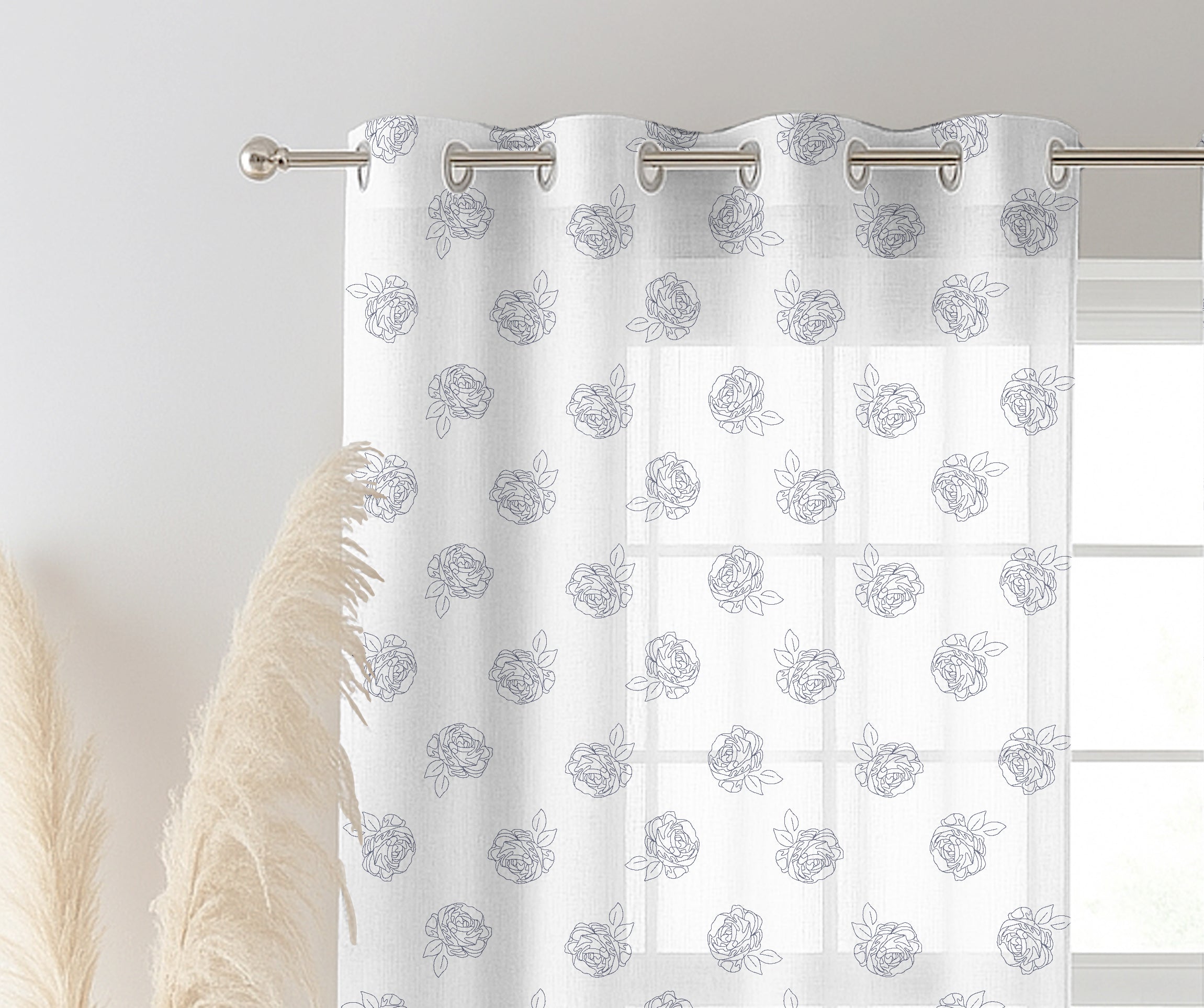 ROSE BLACK LINEN PRINTED SHEER CURTAIN