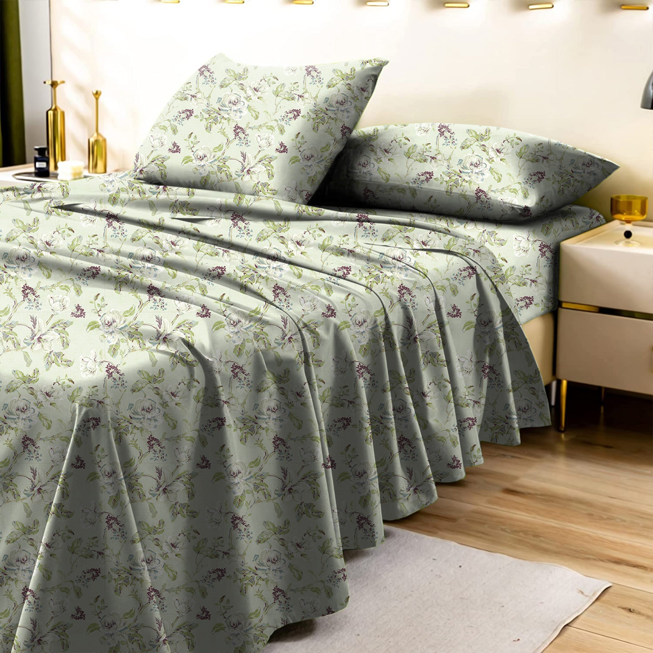 Woodland Birds Beige Green Bedcover for Double Bed with 2 PillowCovers King Size (104" X 90")