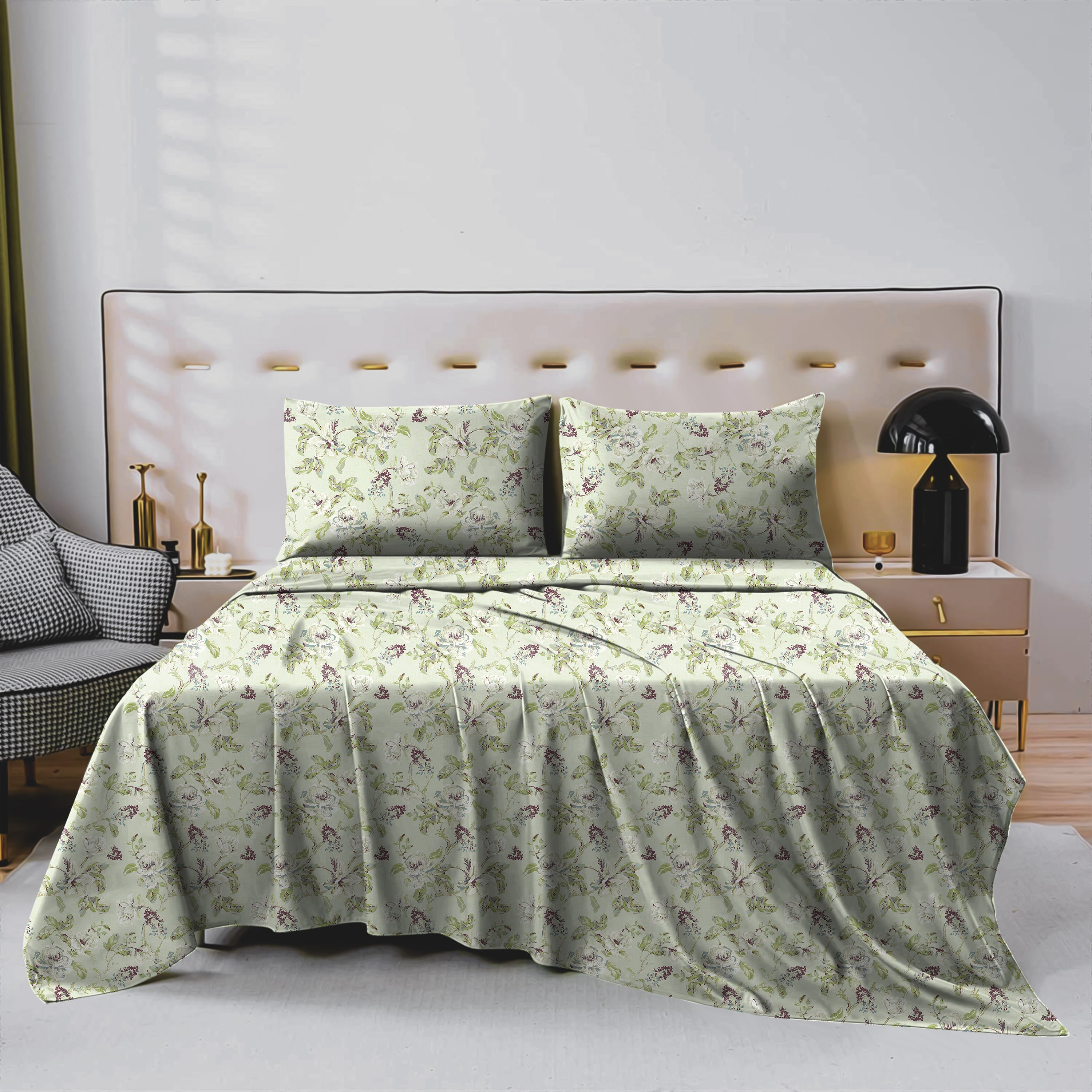 Woodland Birds Beige Green Bedcover for Double Bed with 2 PillowCovers King Size (104" X 90")